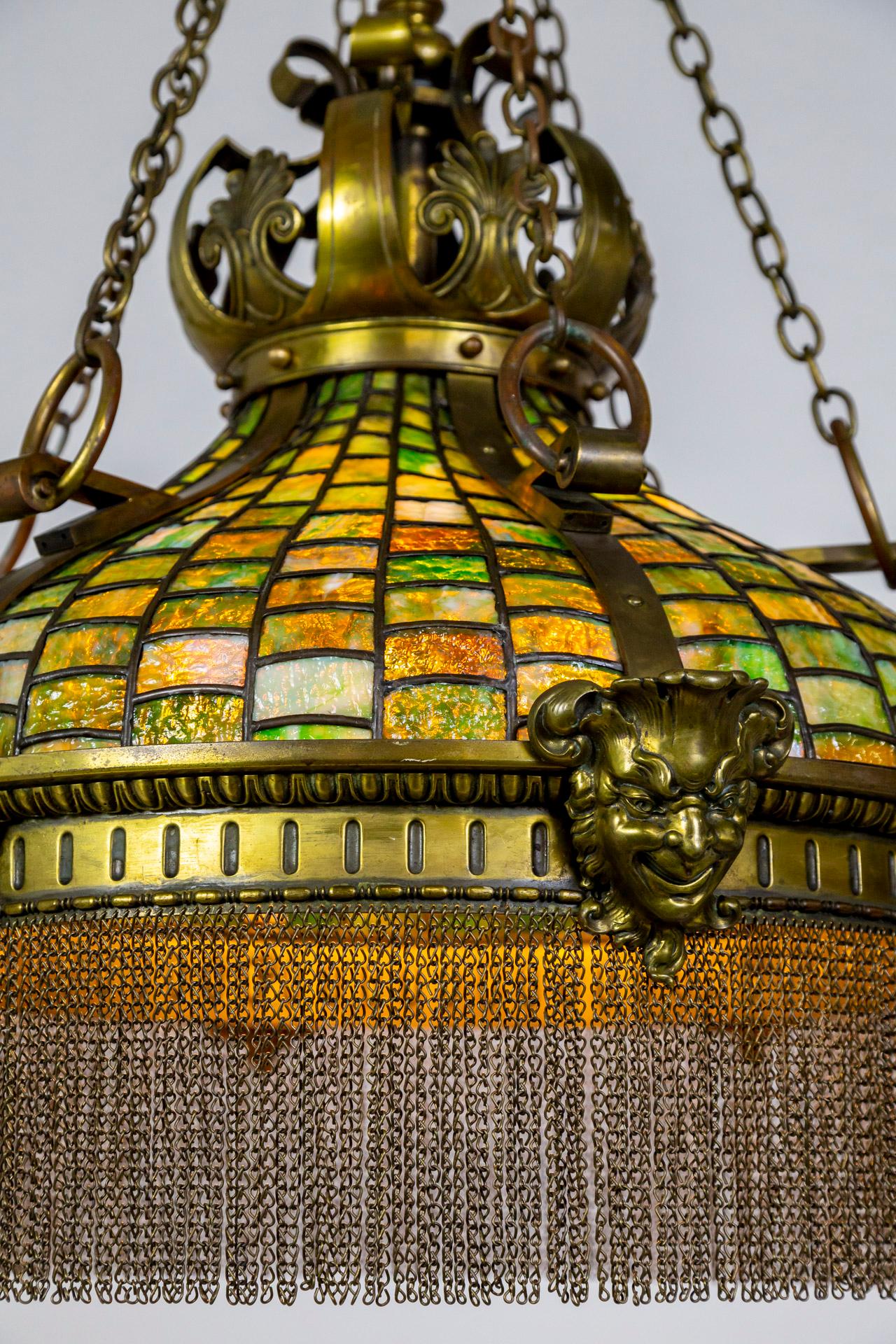 Grand Victorian/Art Nouveau Green Slag Glass & Brass Mascaron Pendant Light For Sale 6