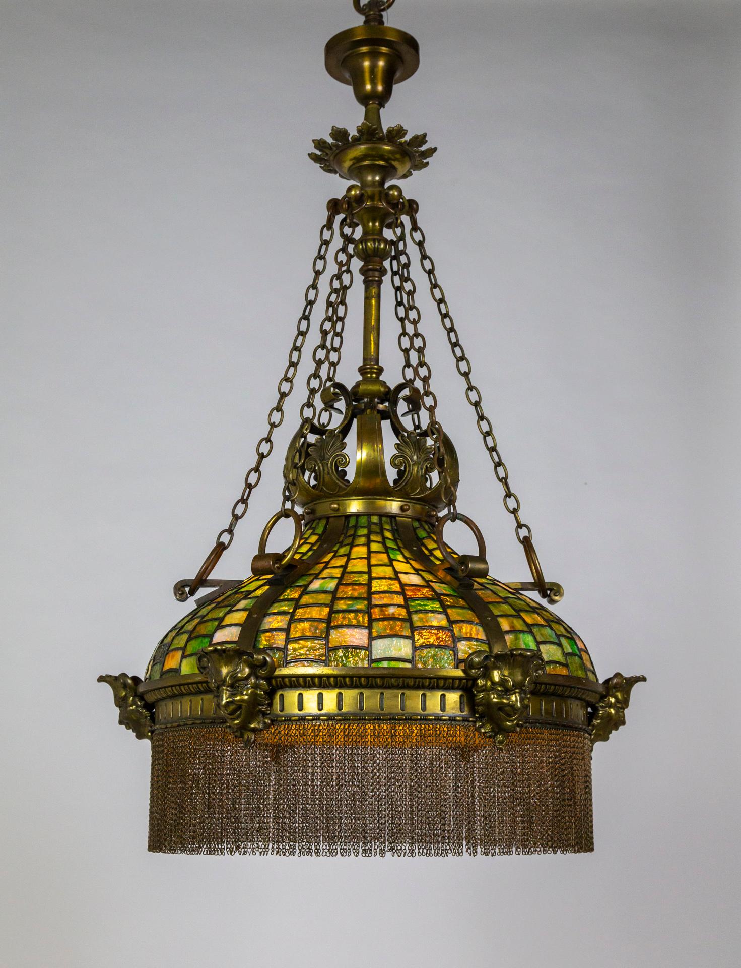 Grand Victorian/Art Nouveau Green Slag Glass & Brass Mascaron Pendant Light For Sale 7