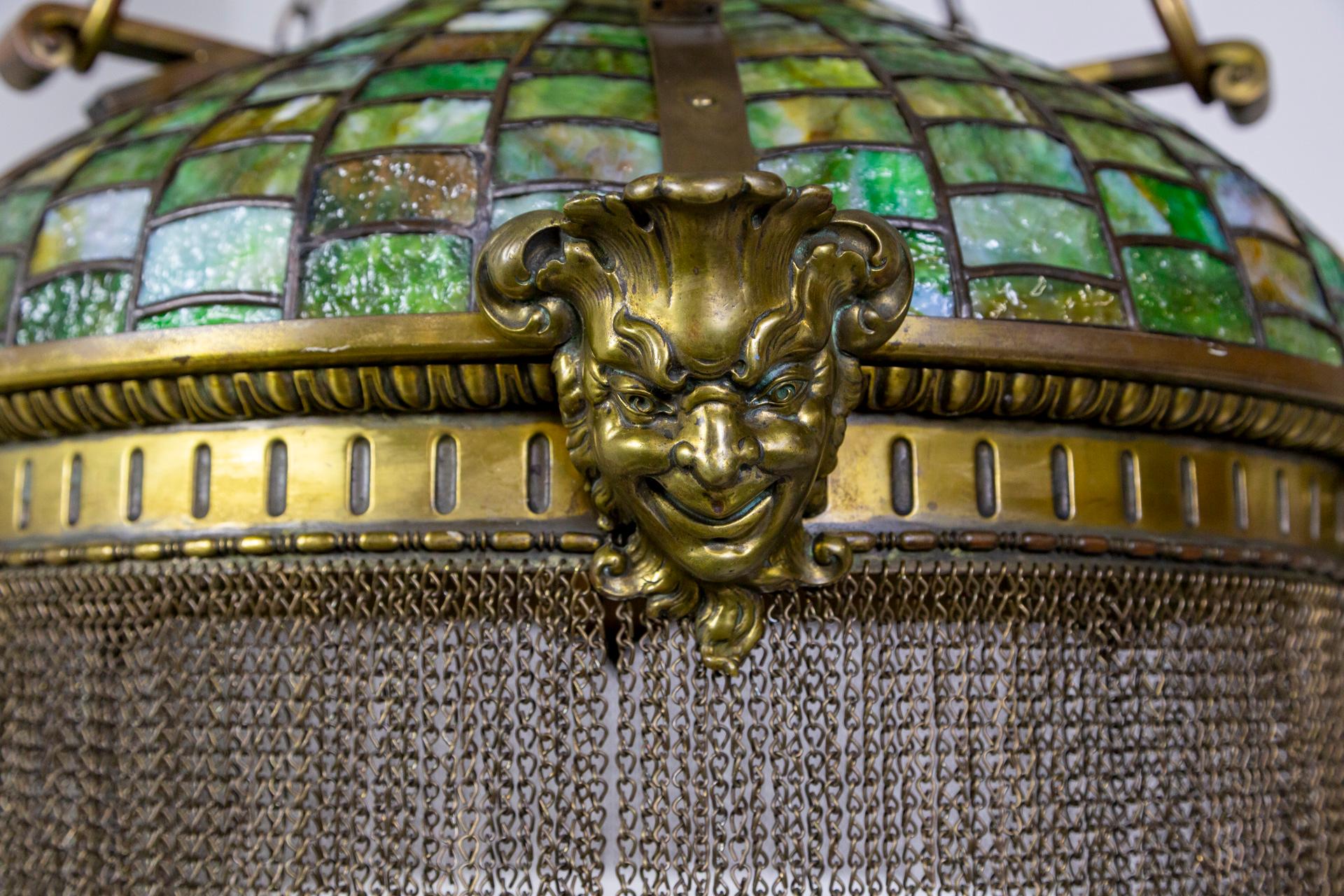 Grand Victorian/Art Nouveau Green Slag Glass & Brass Mascaron Pendant Light For Sale 8