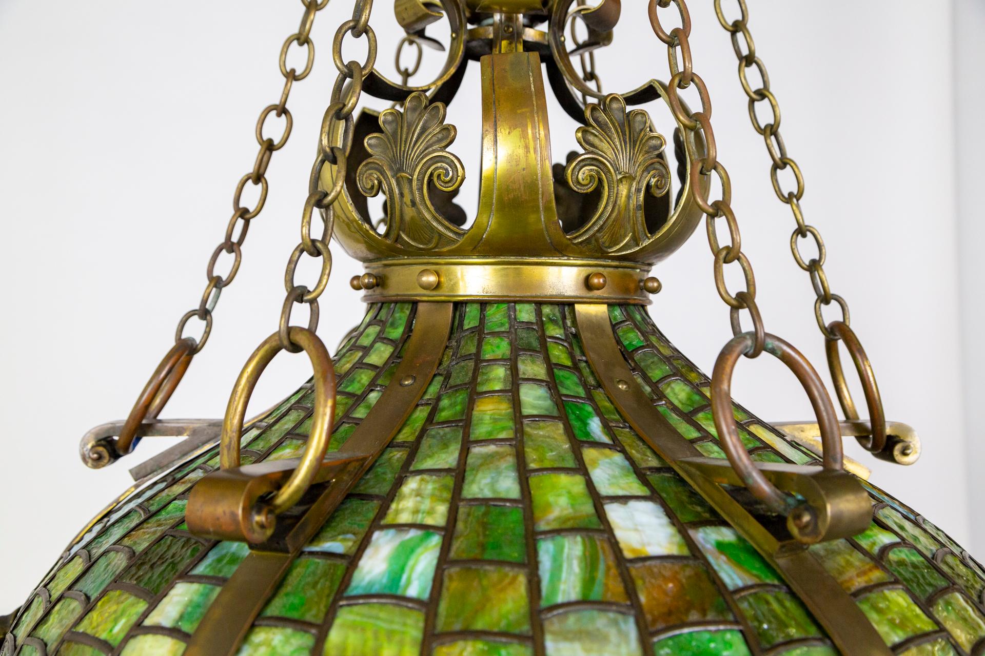 Grand Victorian/Art Nouveau Green Slag Glass & Brass Mascaron Pendant Light For Sale 9