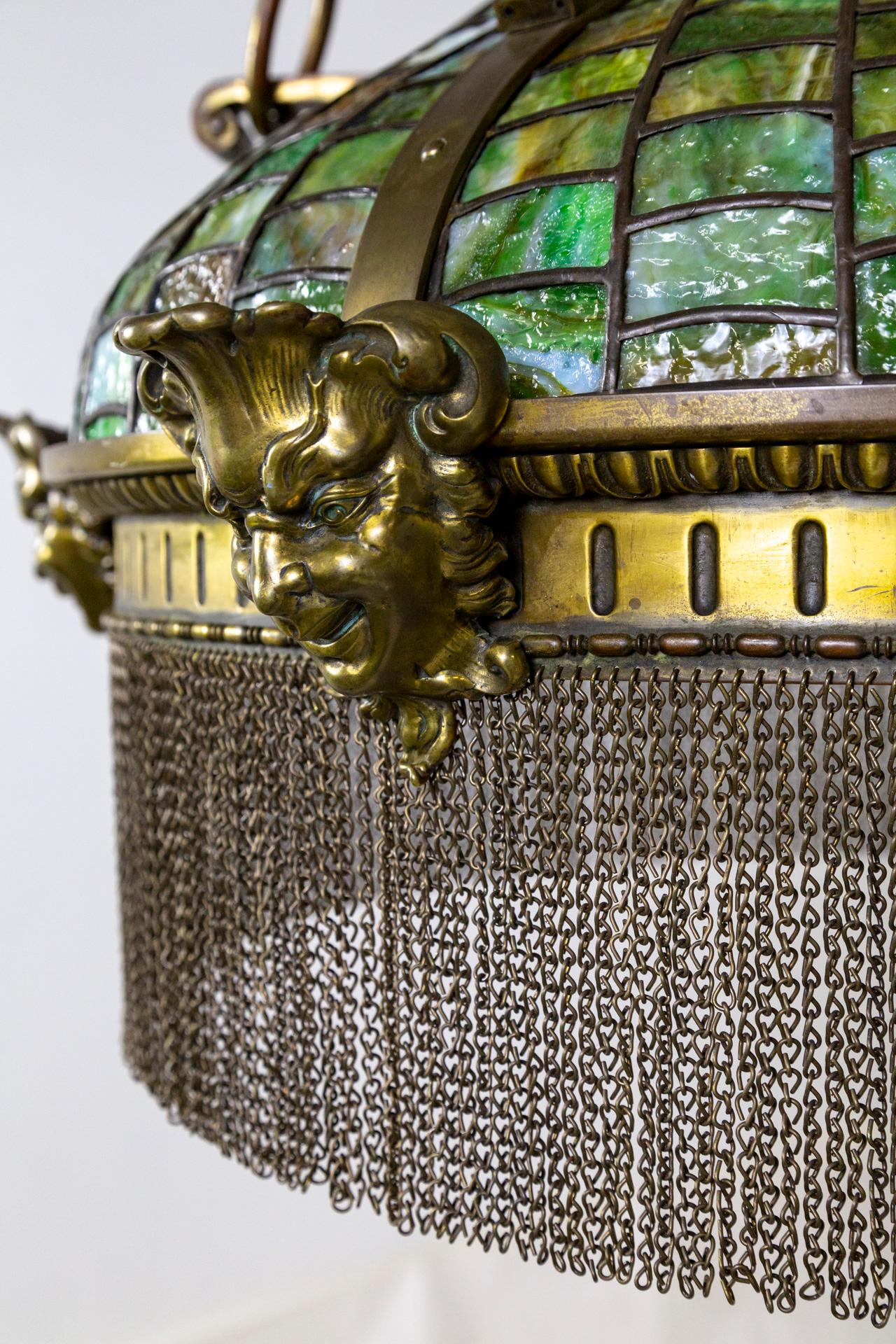 Grand Victorian/Art Nouveau Green Slag Glass & Brass Mascaron Pendant Light For Sale 10
