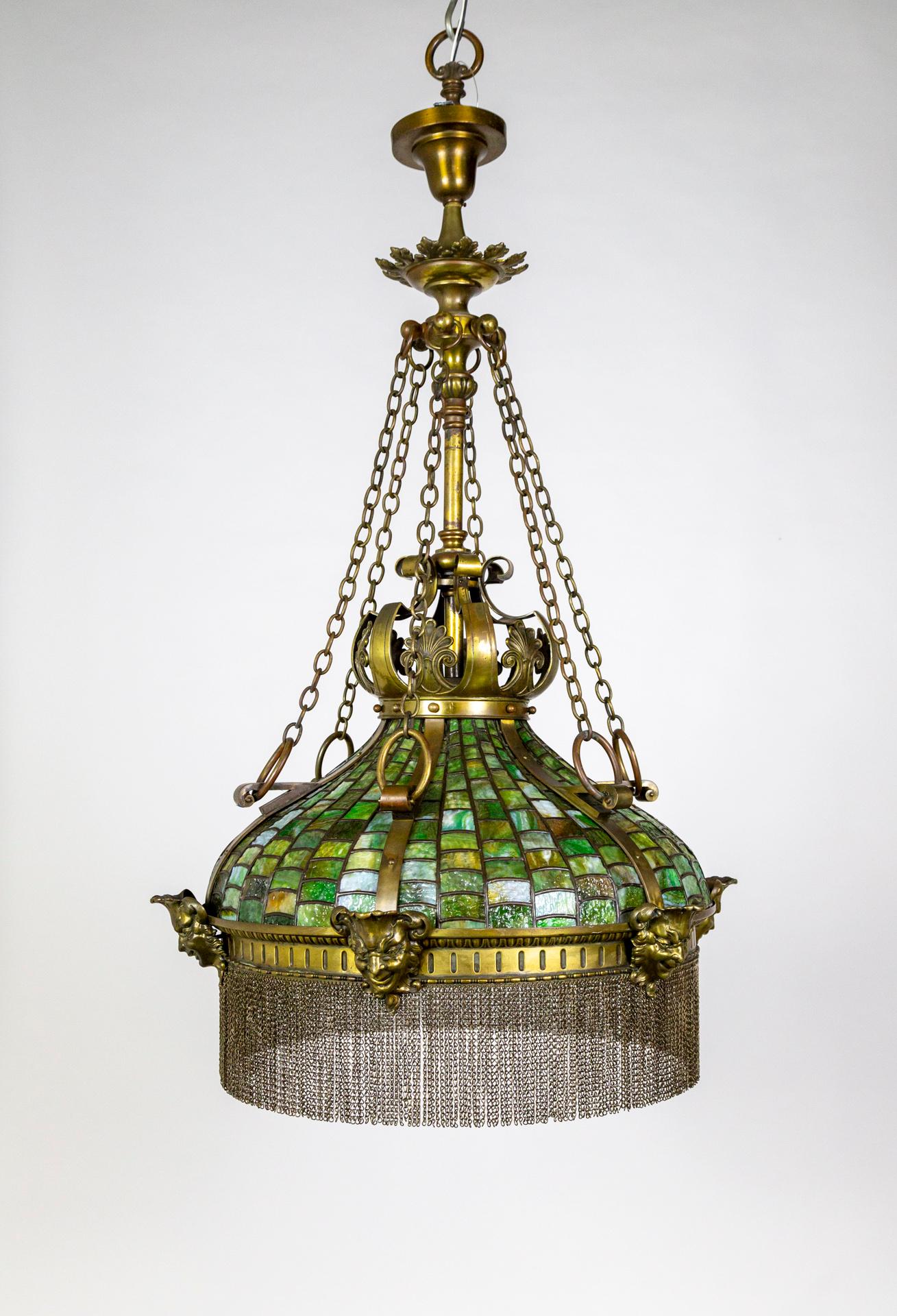Grand Victorian/Art Nouveau Green Slag Glass & Brass Mascaron Pendant Light For Sale 11