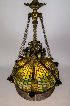 Grand Victorian/Art Nouveau Green Slag Glass & Brass Mascaron Pendant Light