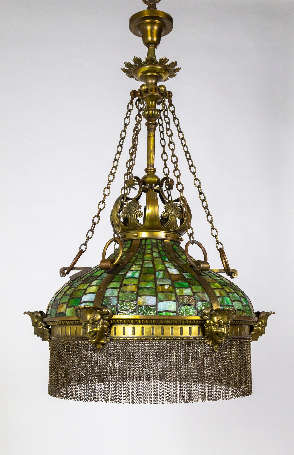 Grand Victorian/Art Nouveau Green Slag Glass & Brass Mascaron Pendant Light. I y In Good Condition For Sale In San Francisco, CA