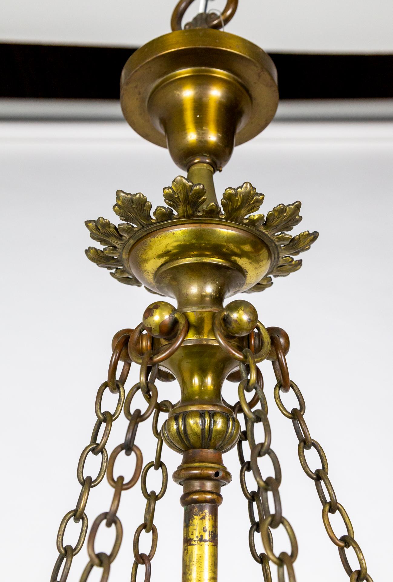 Grand Victorian/Art Nouveau Green Slag Glass & Brass Mascaron Pendant Light For Sale 1