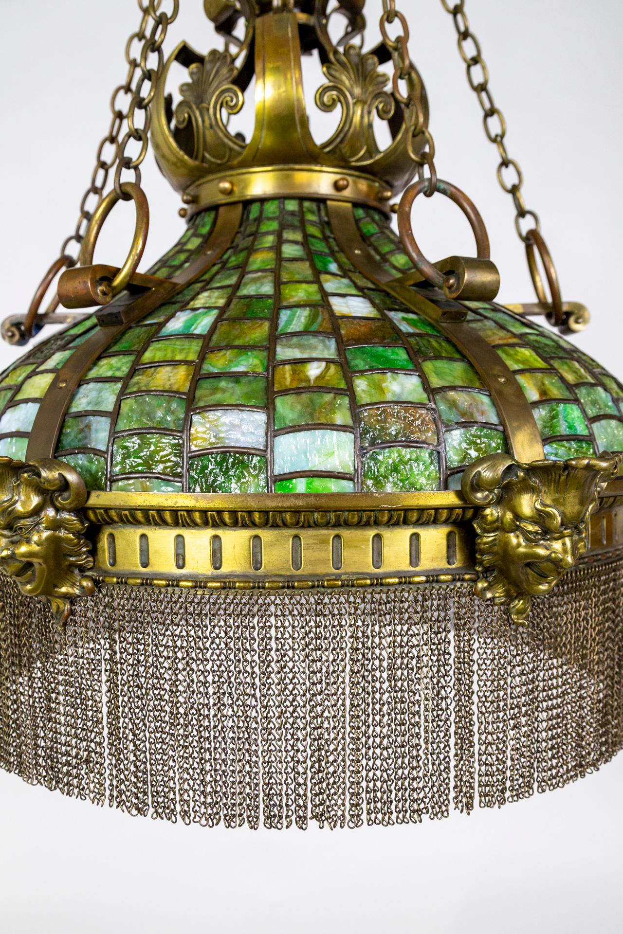 Grand Victorian/Art Nouveau Green Slag Glass & Brass Mascaron Pendant Light For Sale 2