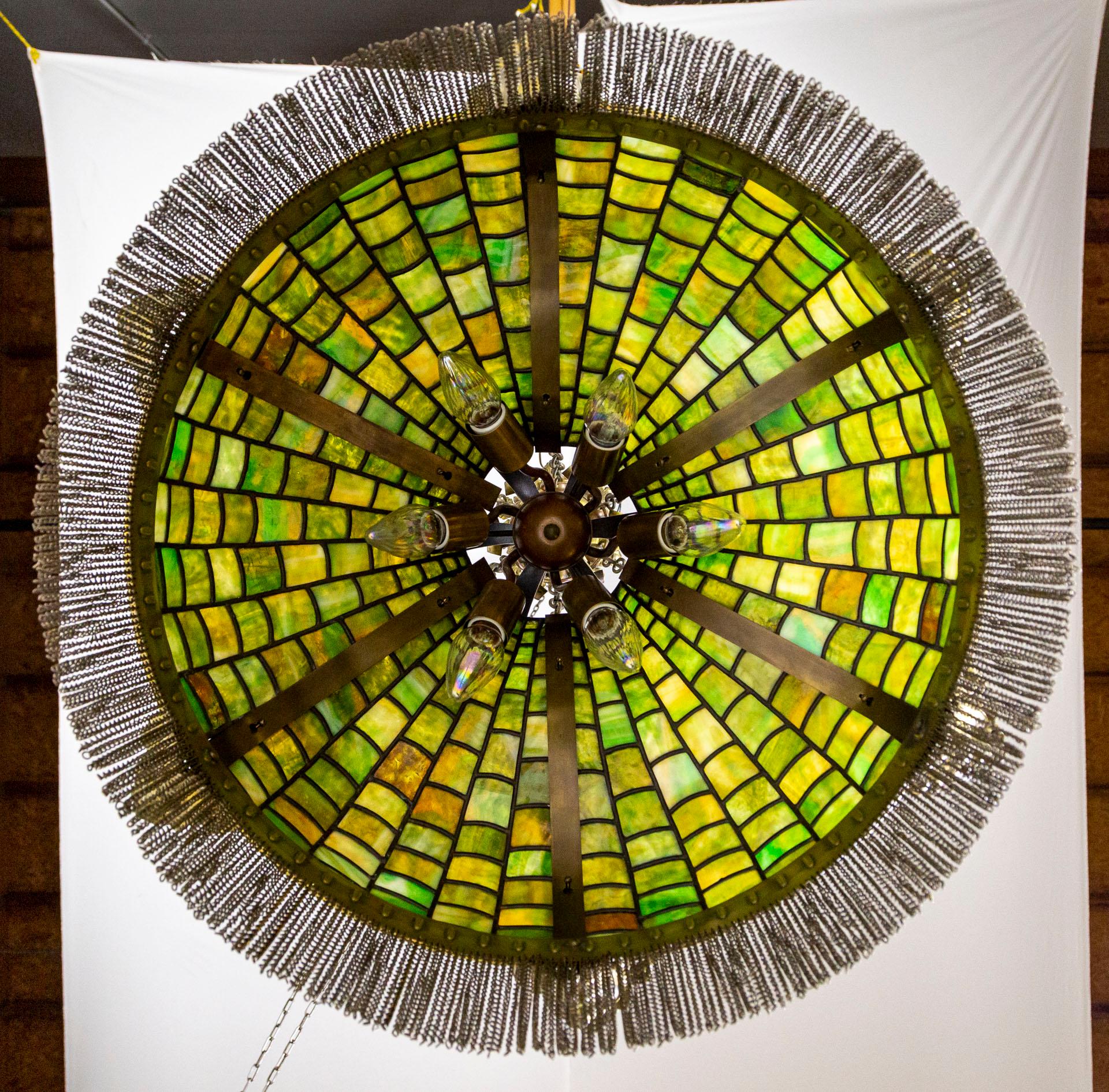 Grand Victorian/Art Nouveau Green Slag Glass & Brass Mascaron Pendant Light For Sale 3
