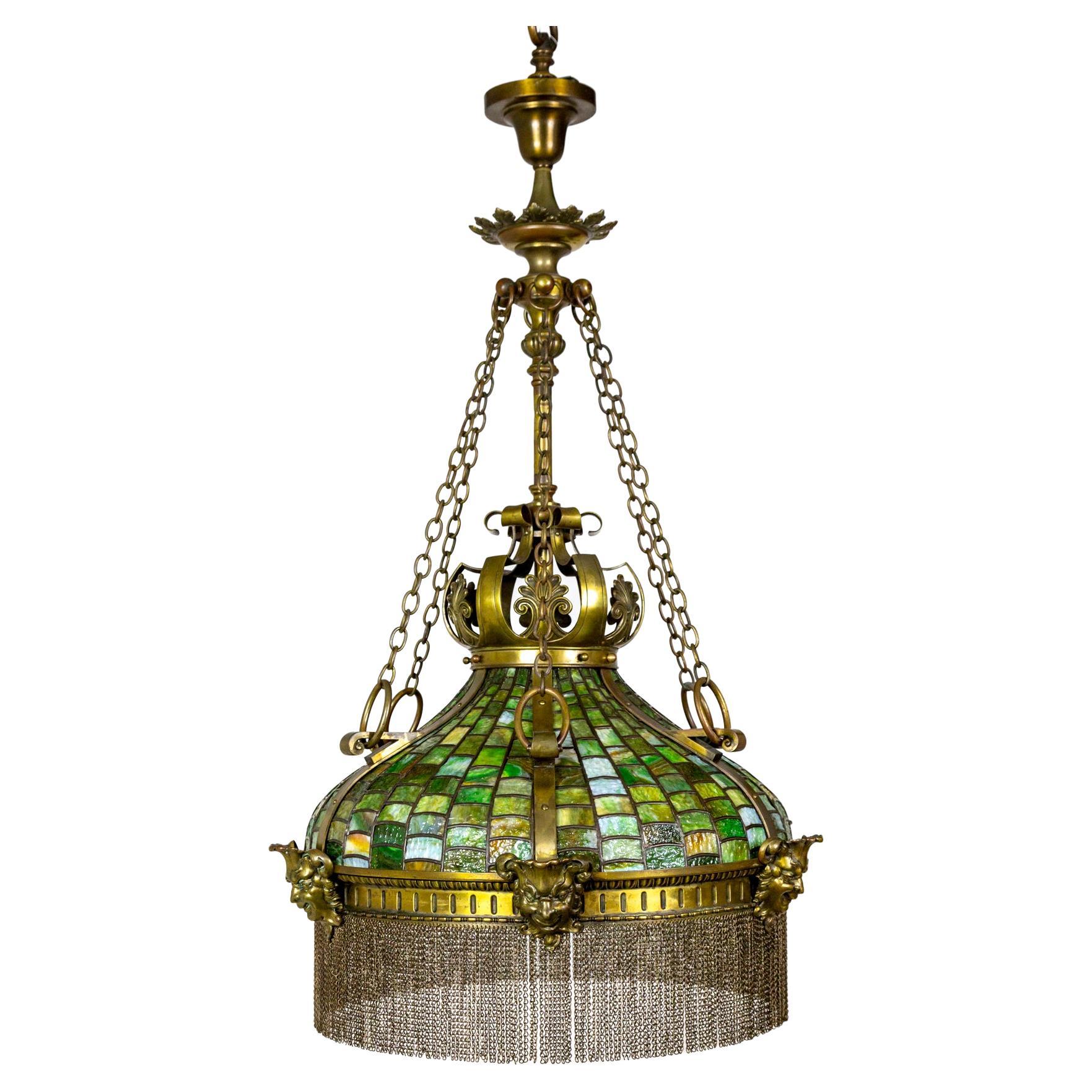Grand Victorian/Art Nouveau Green Slag Glass & Brass Mascaron Pendant Light. I y