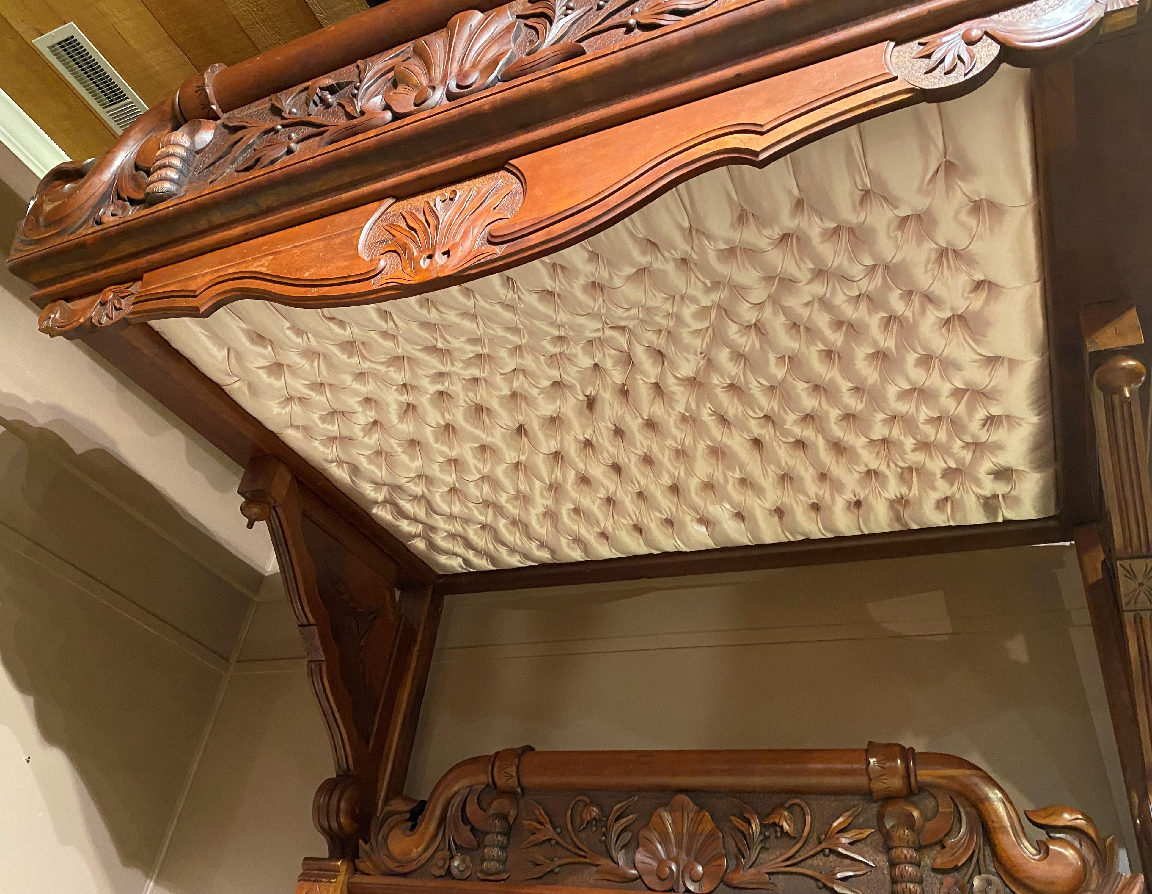 English Grand, Victorian Highly Carved Walnut Queen Size Bed with Canopy