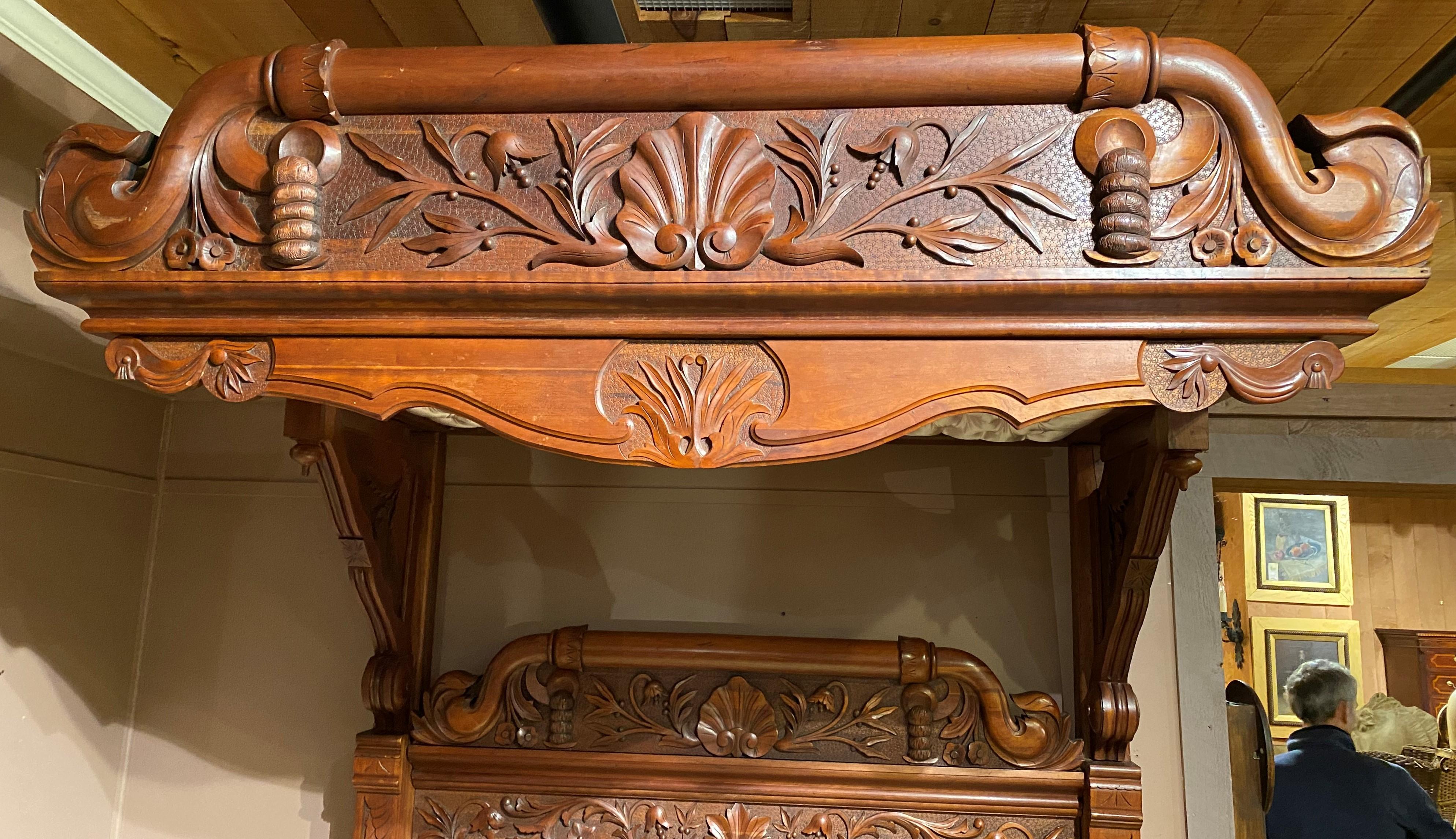 Hand-Carved Grand, Victorian Highly Carved Walnut Queen Size Bed with Canopy