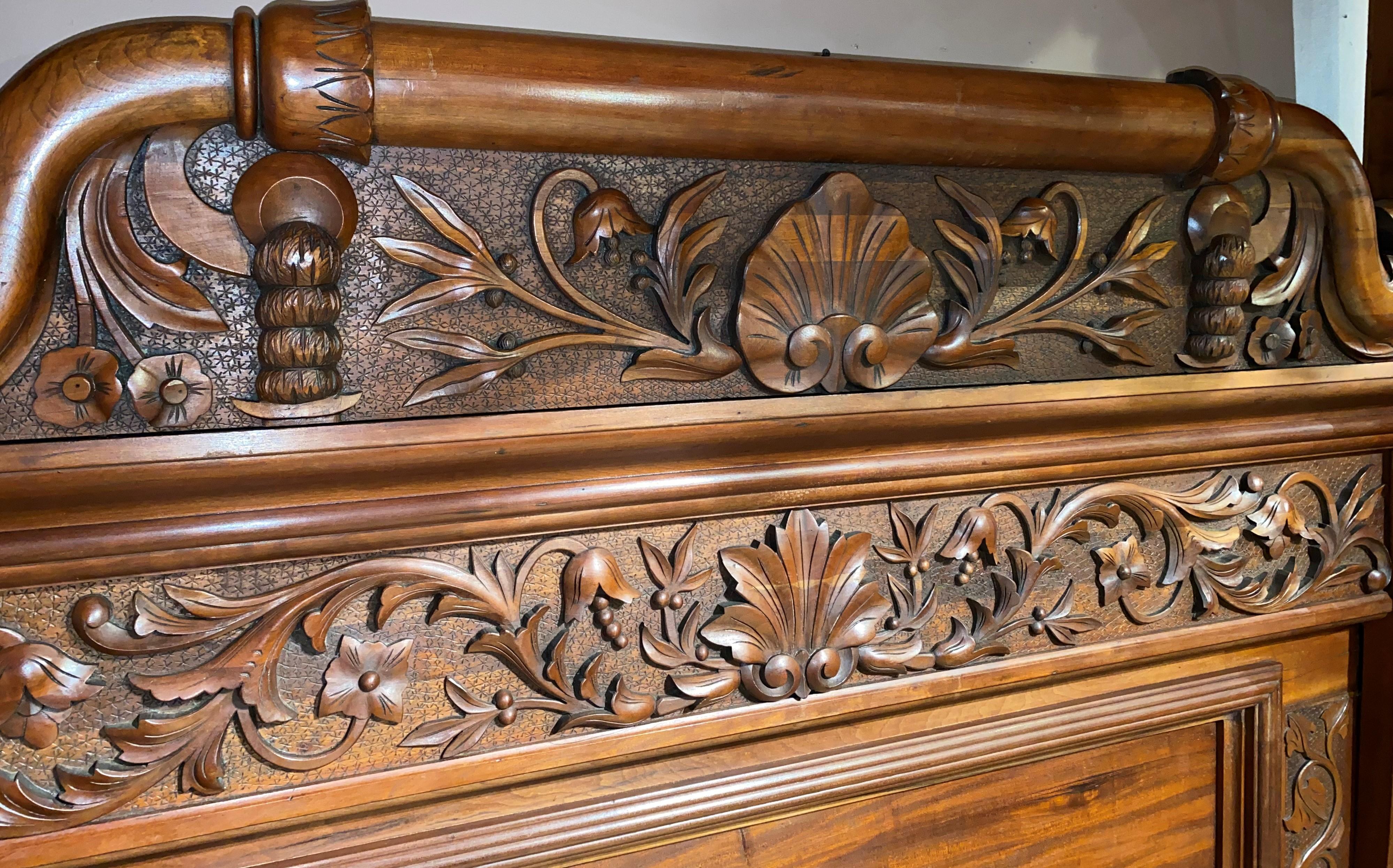 Grand, Victorian Highly Carved Walnut Queen Size Bed with Canopy 1
