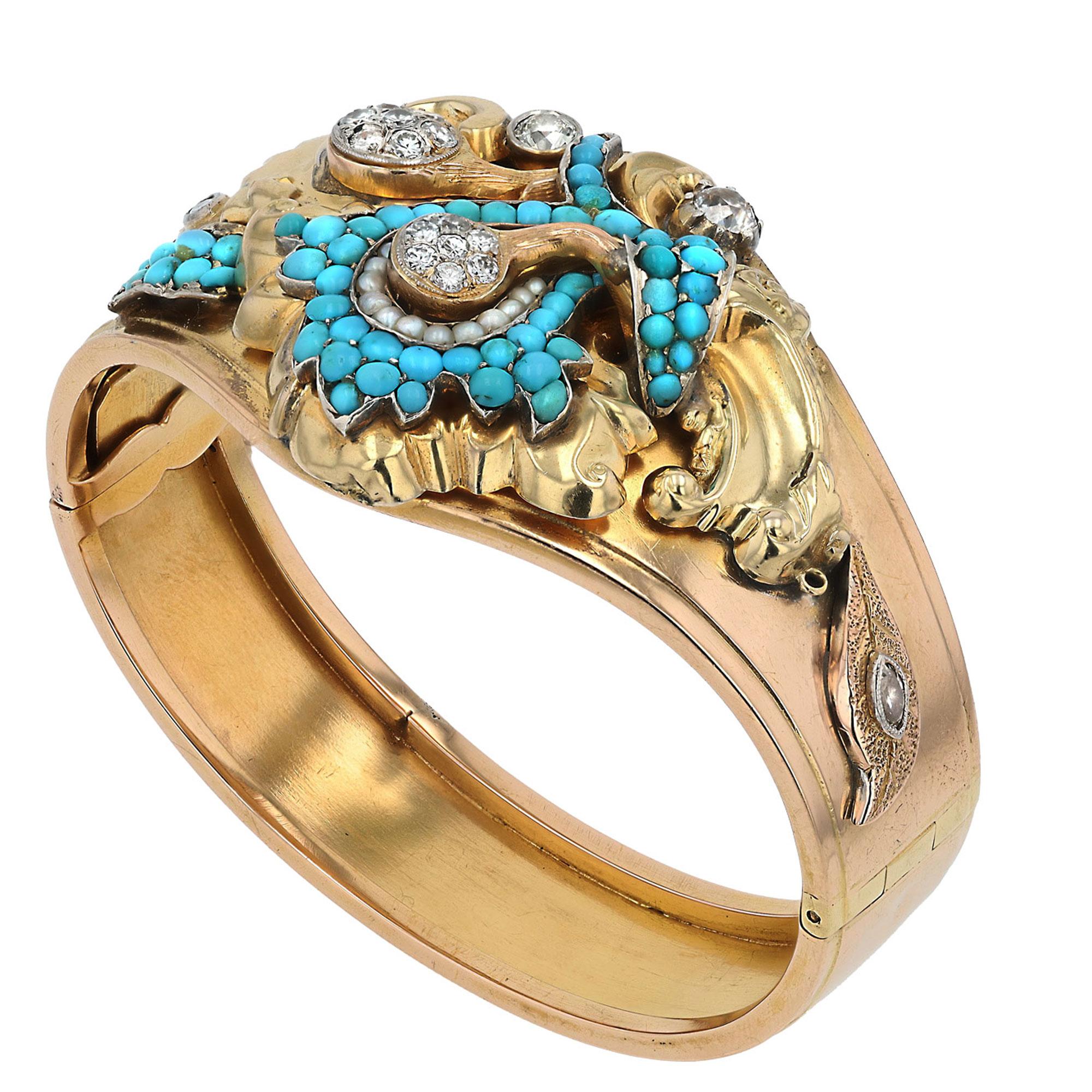 Großer viktorianischer breiter Armreif mit Türkis und 1 Karat verziertem Diamanten (Alteuropäischer Schliff) im Angebot