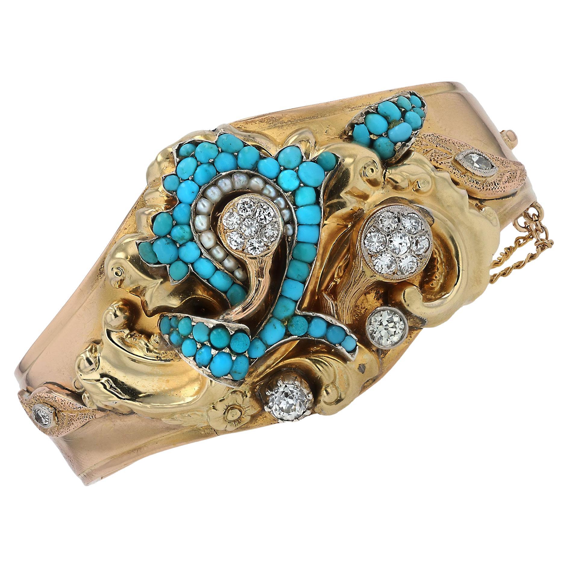 Bracelet jonc large orné de turquoises et de diamants de 1 carat de style victorien