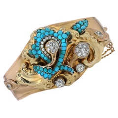 Antique Grand Victorian Turquoise and 1 Carat Diamond Ornate Wide Bangle Bracelet