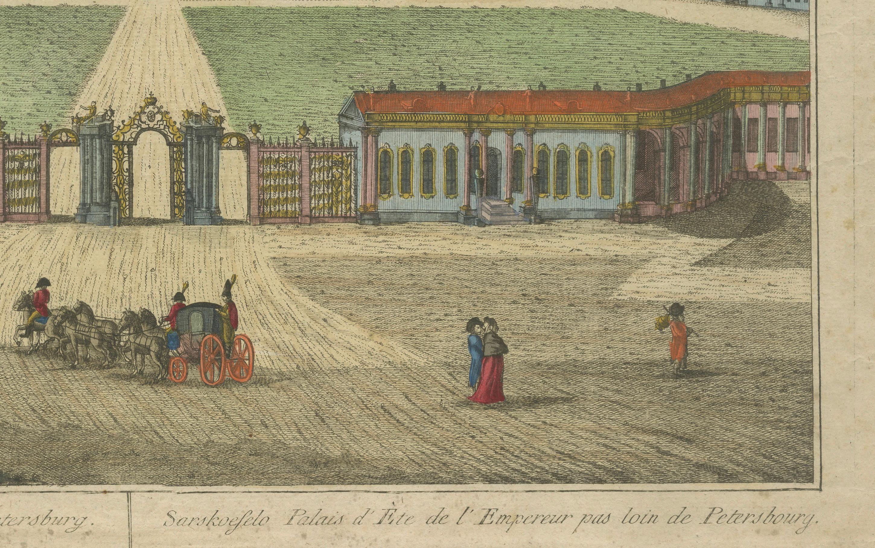 Ansicht des russischen Kaiserpalastes - handkolorierter optischer Druck um 1780

Attraktiver optischer Druck aus dem 18. Jahrhundert, der eine großartige Ansicht des russischen Zarskoje-Selo-Palastes in der Nähe von St. Petersburg zeigt, der auch