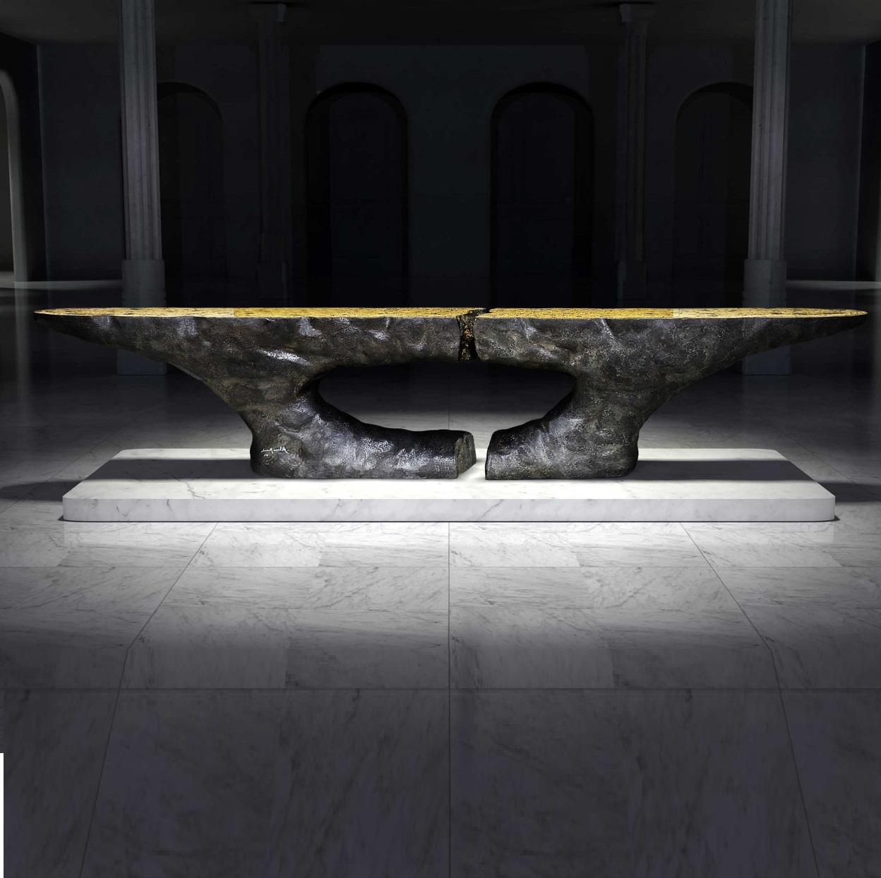 Contemporary Brutalist Style Console Table Ft. Textured Gold Leaf Top  For Sale