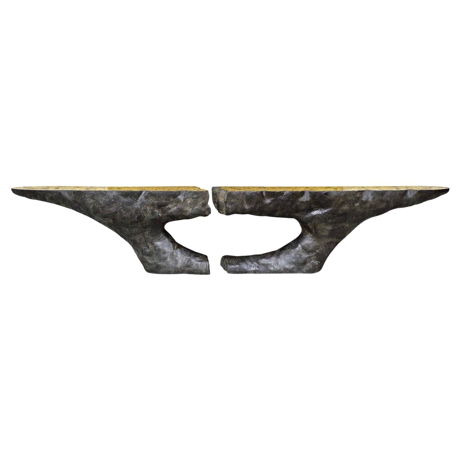 Brutalist Style Console Table Ft. Textured Gold Leaf Top  For Sale