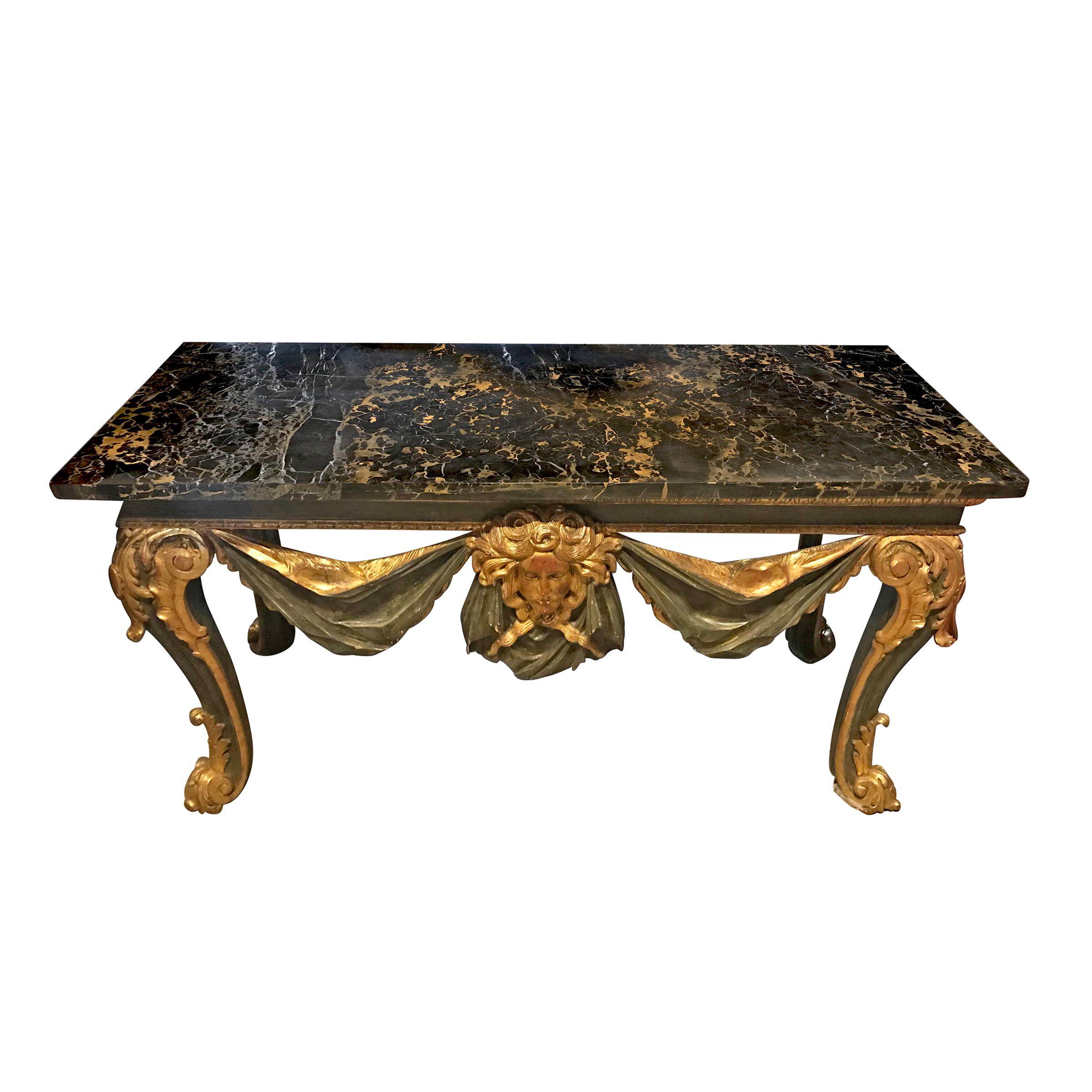 Baroque Grande table console italienne du 19ème siècle à plateau en marbre en vente