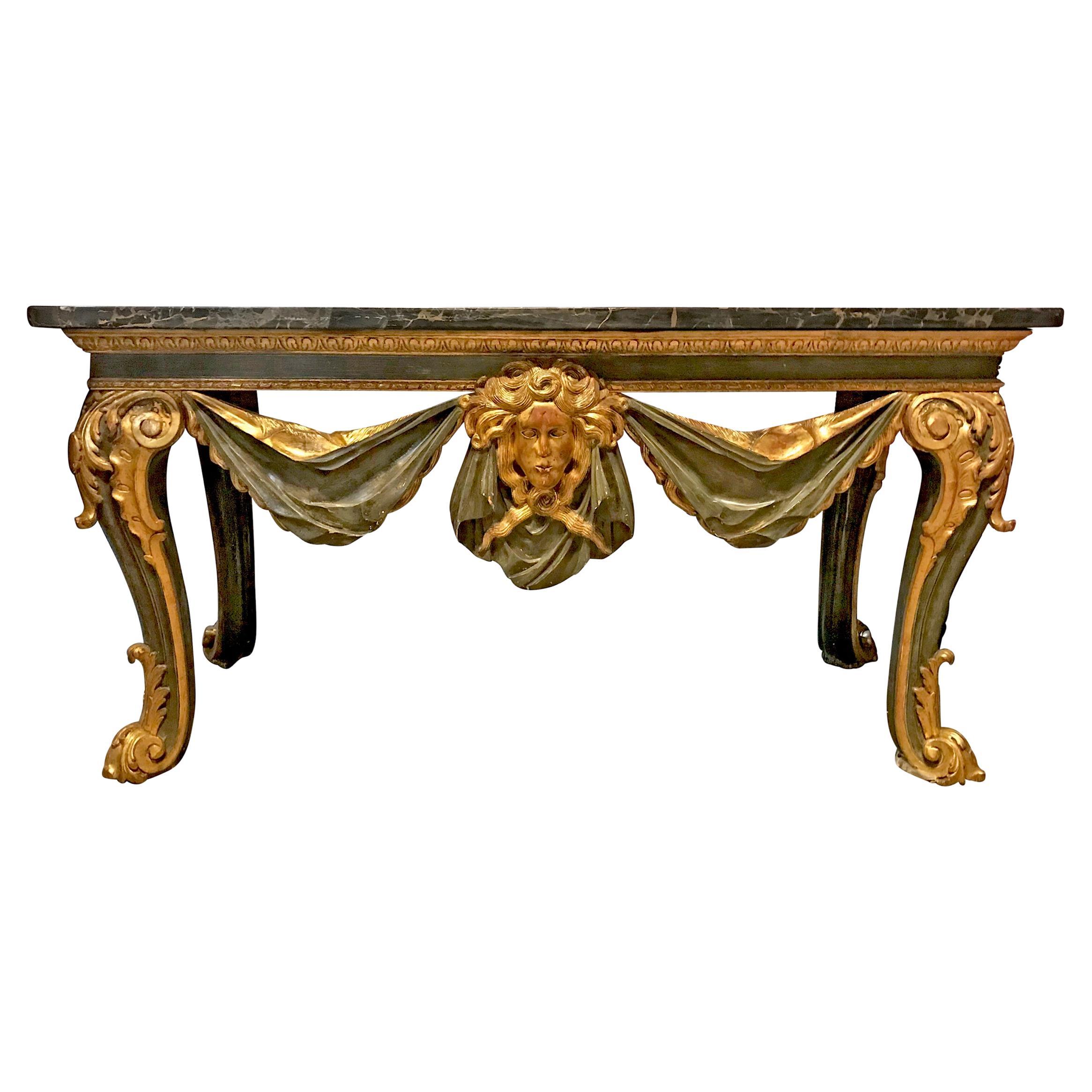 Grande table console italienne du 19ème siècle à plateau en marbre