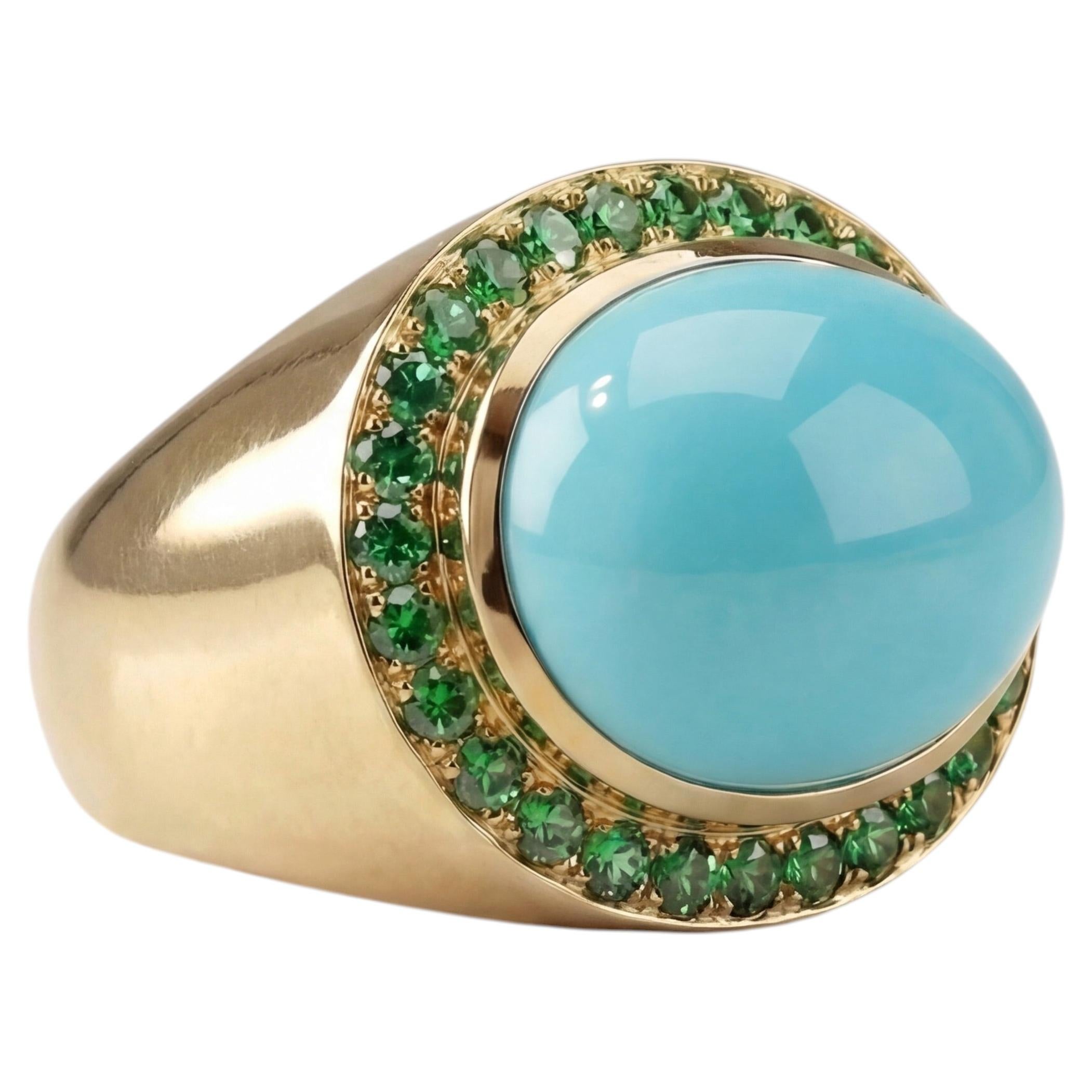 Grande Anello Oro Giallo 18Kt Turchese e Smeraldi