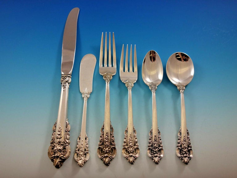 Grande Baroque by Wallace Sterling Silver Flatware Set 12 Dinner Size + Tea Set In Excellent Condition For Sale In Big Bend, WI
