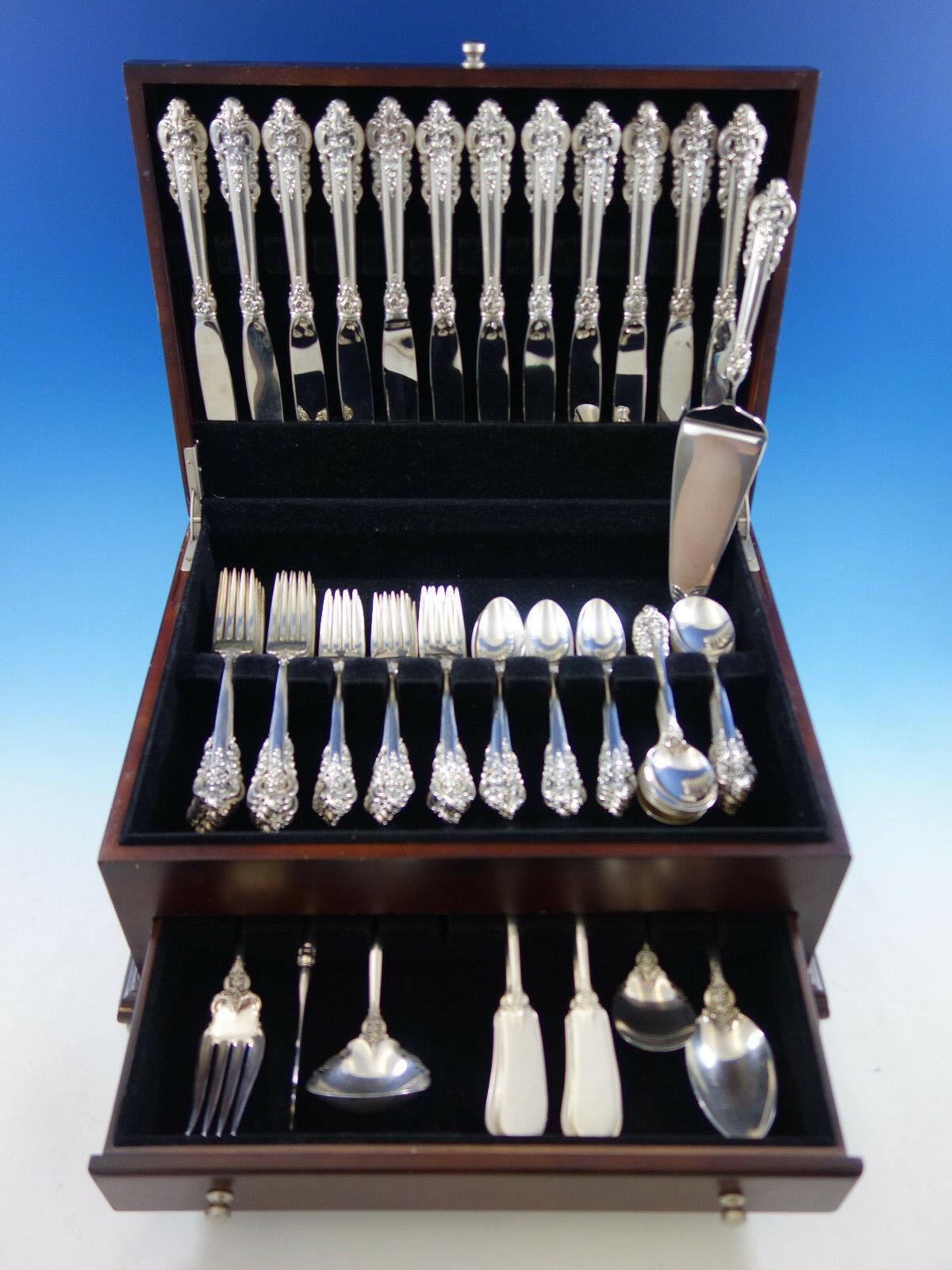 Grande Baroque by Wallace Sterling Silver Flatware Set 12 Dinner Size + Tea Set In Excellent Condition In Big Bend, WI