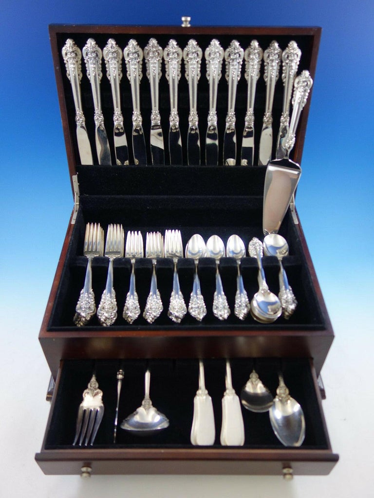 20th Century Grande Baroque by Wallace Sterling Silver Flatware Set 12 Dinner Size + Tea Set For Sale