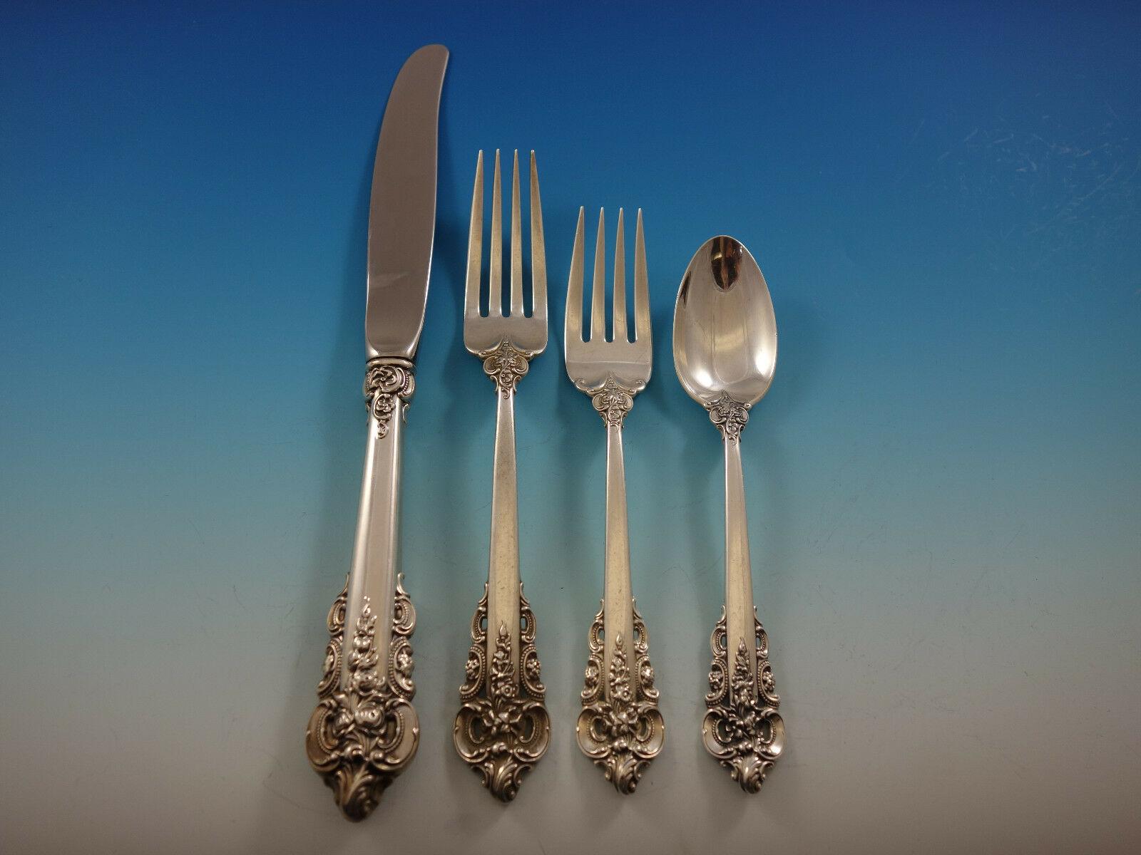 20th Century Grande Baroque by Wallace Sterling Silver Flatware Set 12 Dinner Size + Tea Set