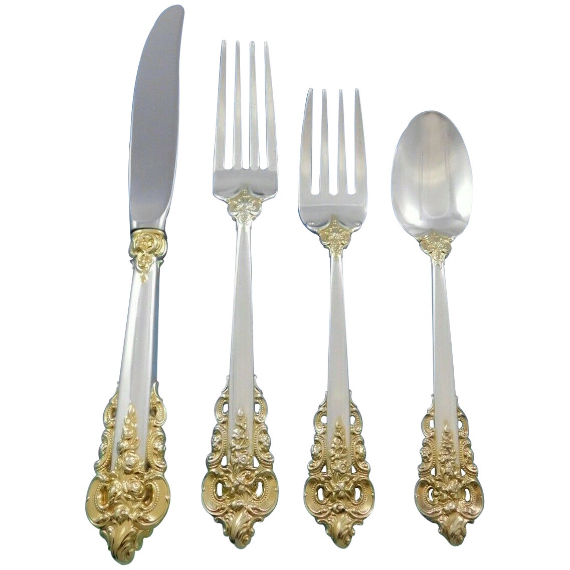 Ensemble de couverts en argent sterling pour 12 personnes, 54 pièces, Grande Baroque Gold Accent de Wallace