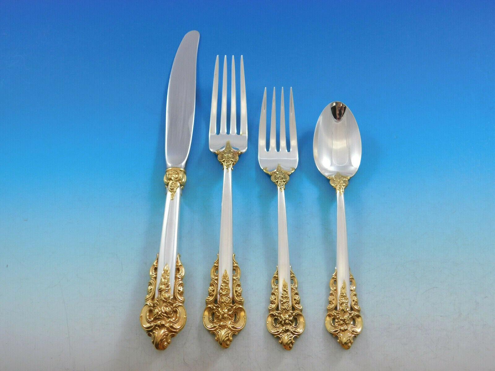 Gold accent Grande Baroque by Wallace sterling silver flatware set - 65 pieces. This set includes:

12 knives, 8 7/8