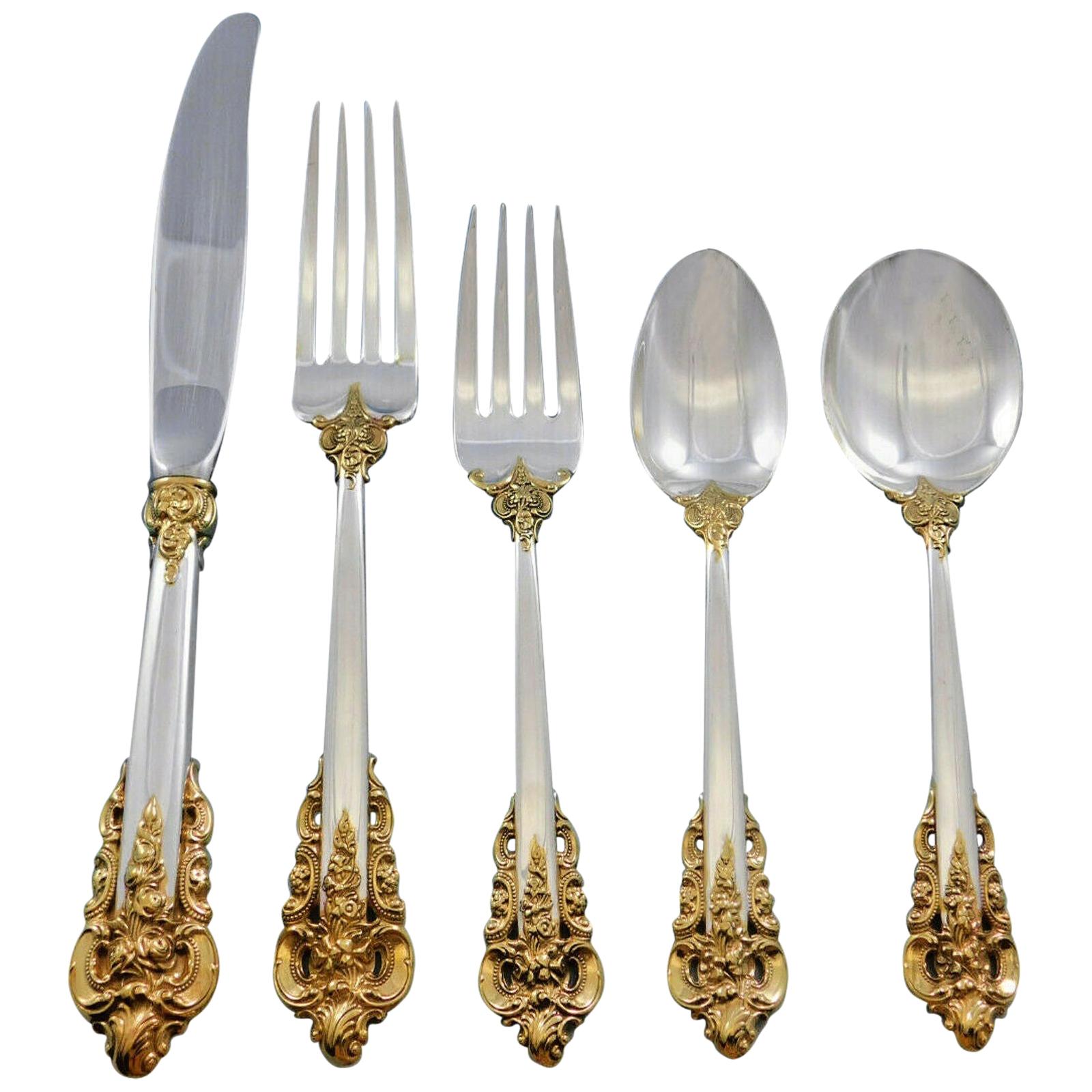Grande Baroque Gold Accent by Wallace Sterling Silver Flatware for 12 Set 65 Pc