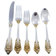 Grande Baroque Gold Accent by Wallace Sterling Silver Flatware for 12 Set 65 pcs
