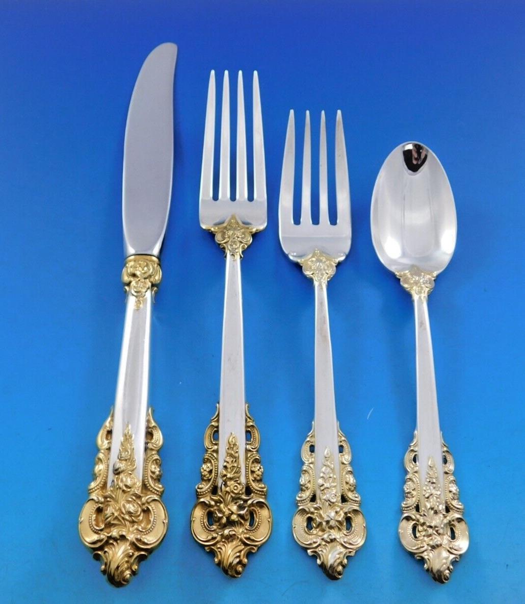 Grande Baroque Gold Accent by Wallace Sterling Silver Flatware for 12 Set 79 pcs For Sale 7