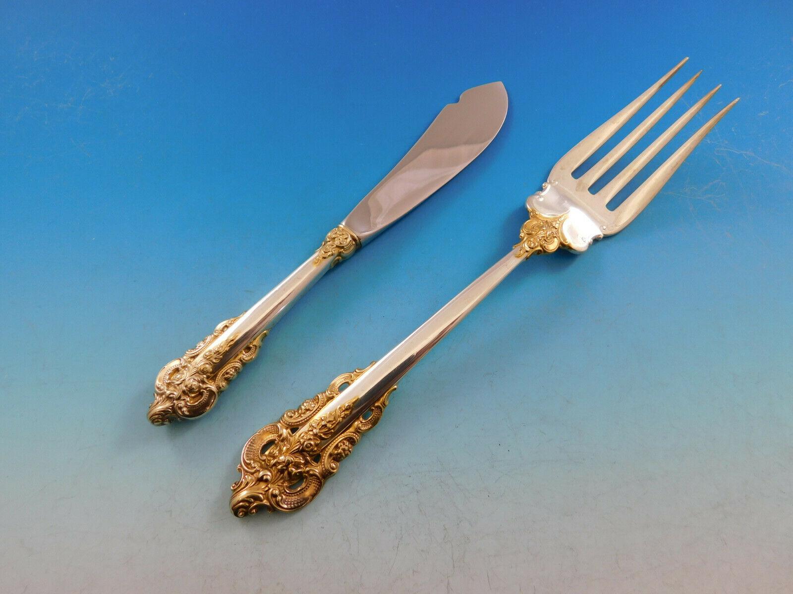 Grande Baroque Gold Accent by Wallace Sterling Silver Flatware for 8 Set 45 Pcs In Excellent Condition In Big Bend, WI