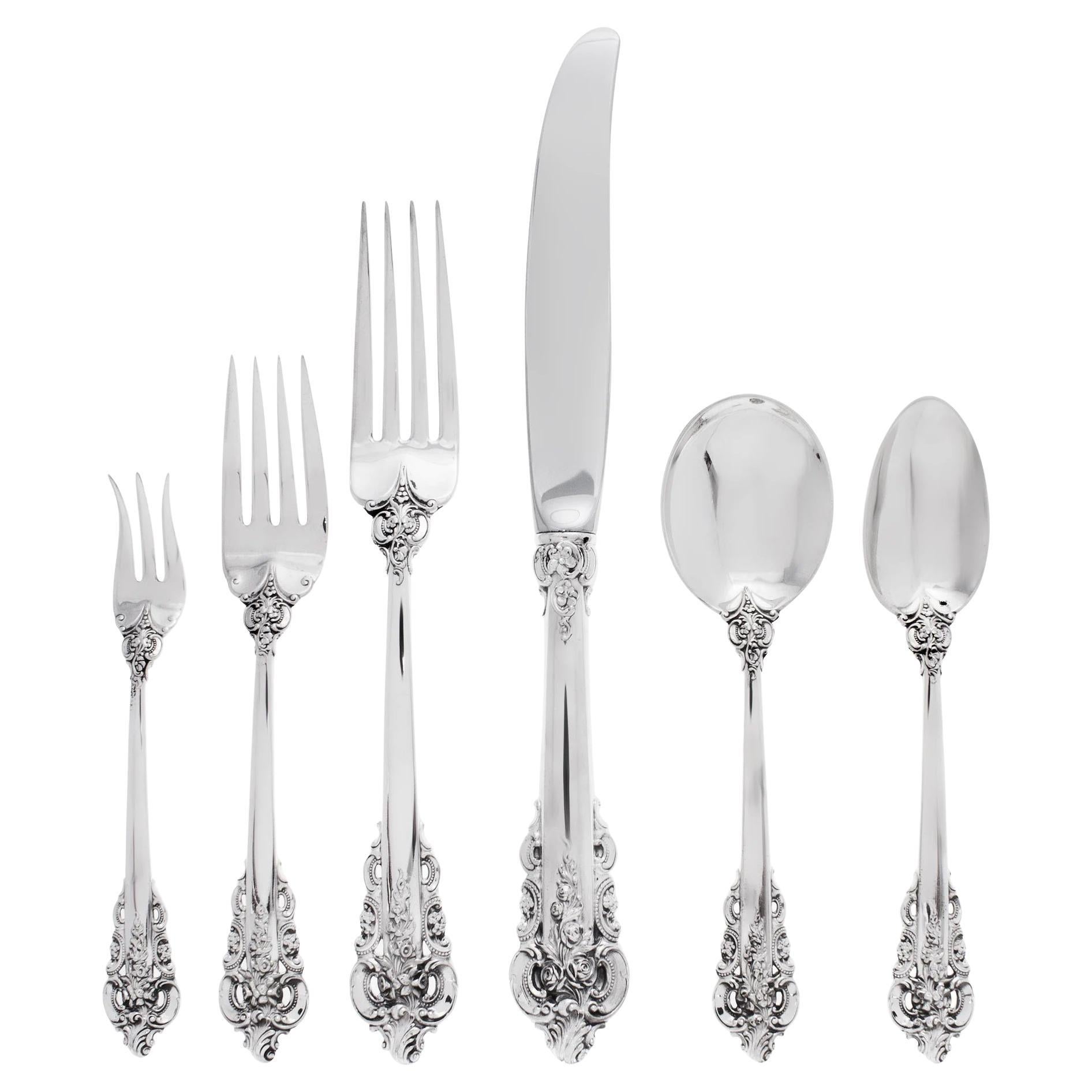 Grande Baroque Sterling Silver Flatware Set by Wallace, Patented in 1941 For Sale