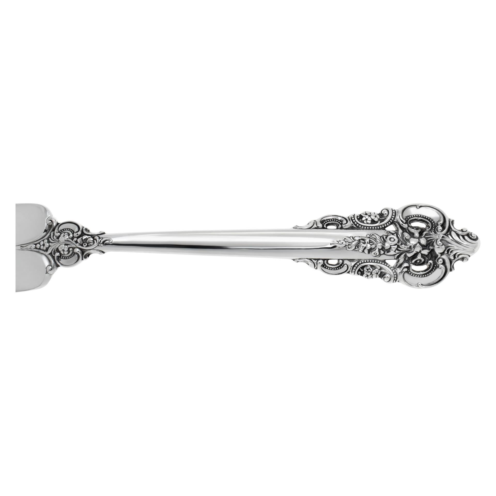 GRANDE BAROQUE sterling silver flatware set, patented by Wallace in 1941- 5 place setting for 8 ad desciption carefully). Over 57 troy ounces .925 sterling silver (counting stainless steel blade pieces as 1.00 ounce troy each). PLACE SET: 7 dinner