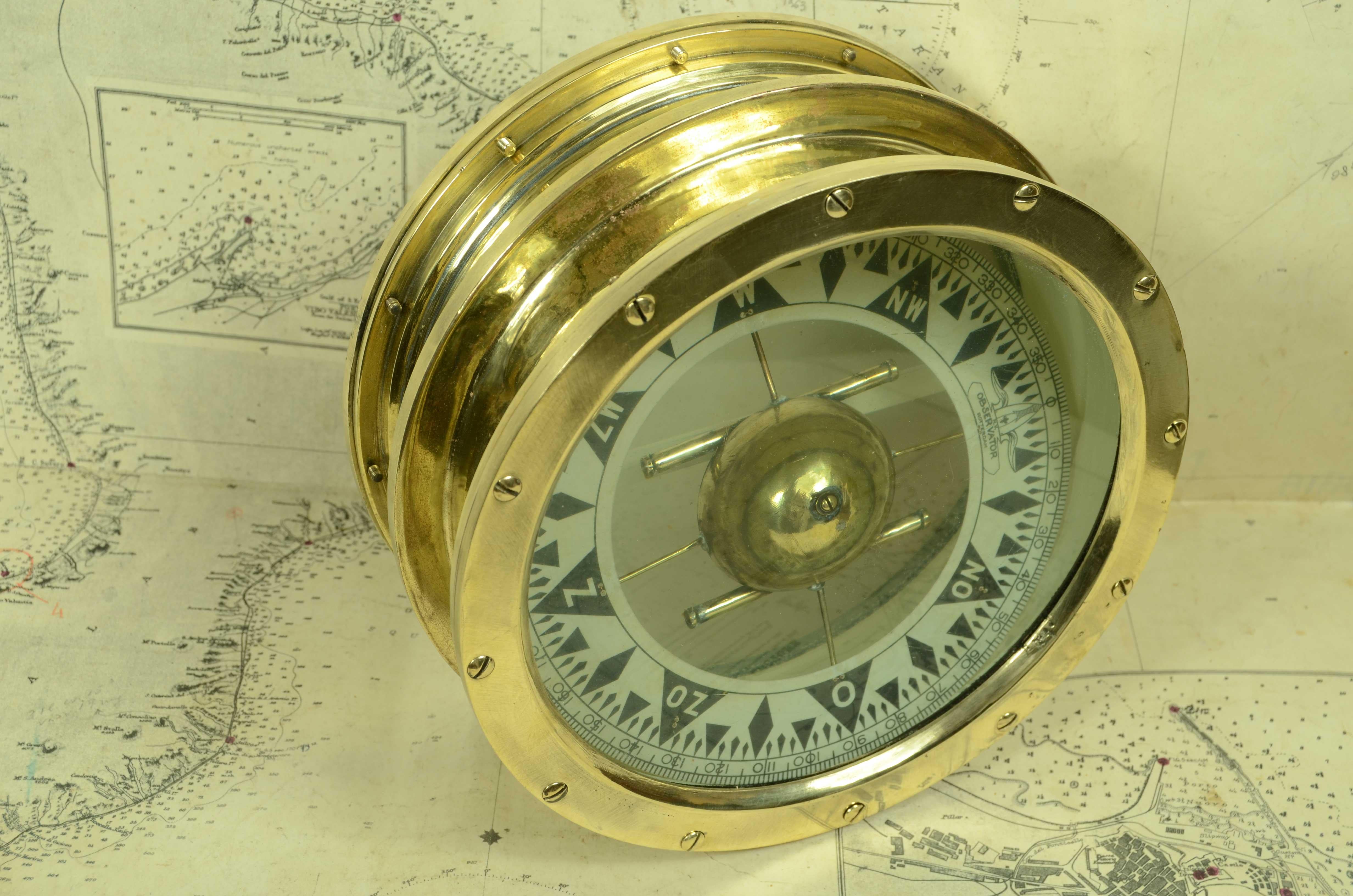 Grand compas de marine en laiton  signé OBSERVATOR Rotterdam dans les années 1930 en vente 5