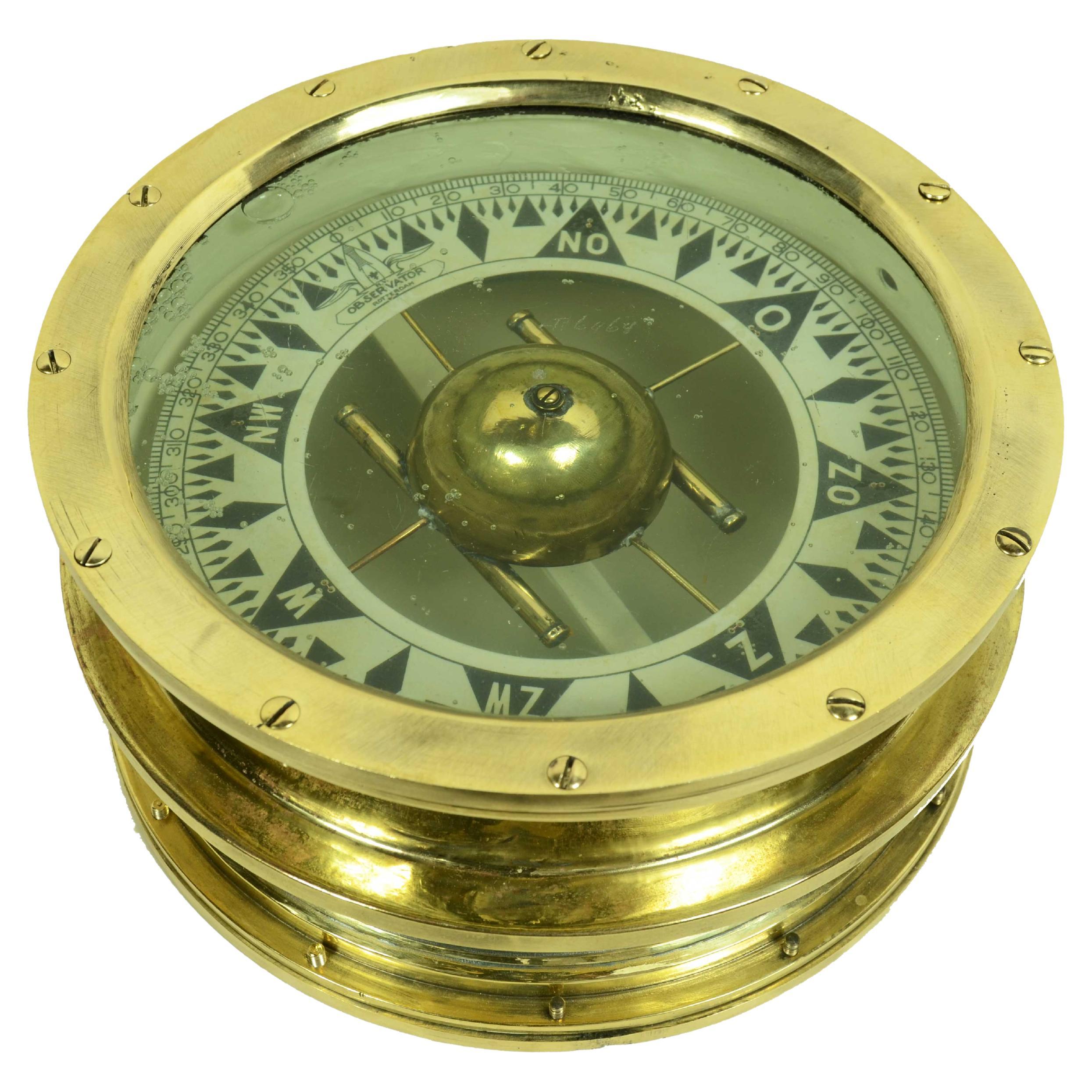 Large brass nautical compass  signed OBSERVATOR Rotterdam of the 1930s