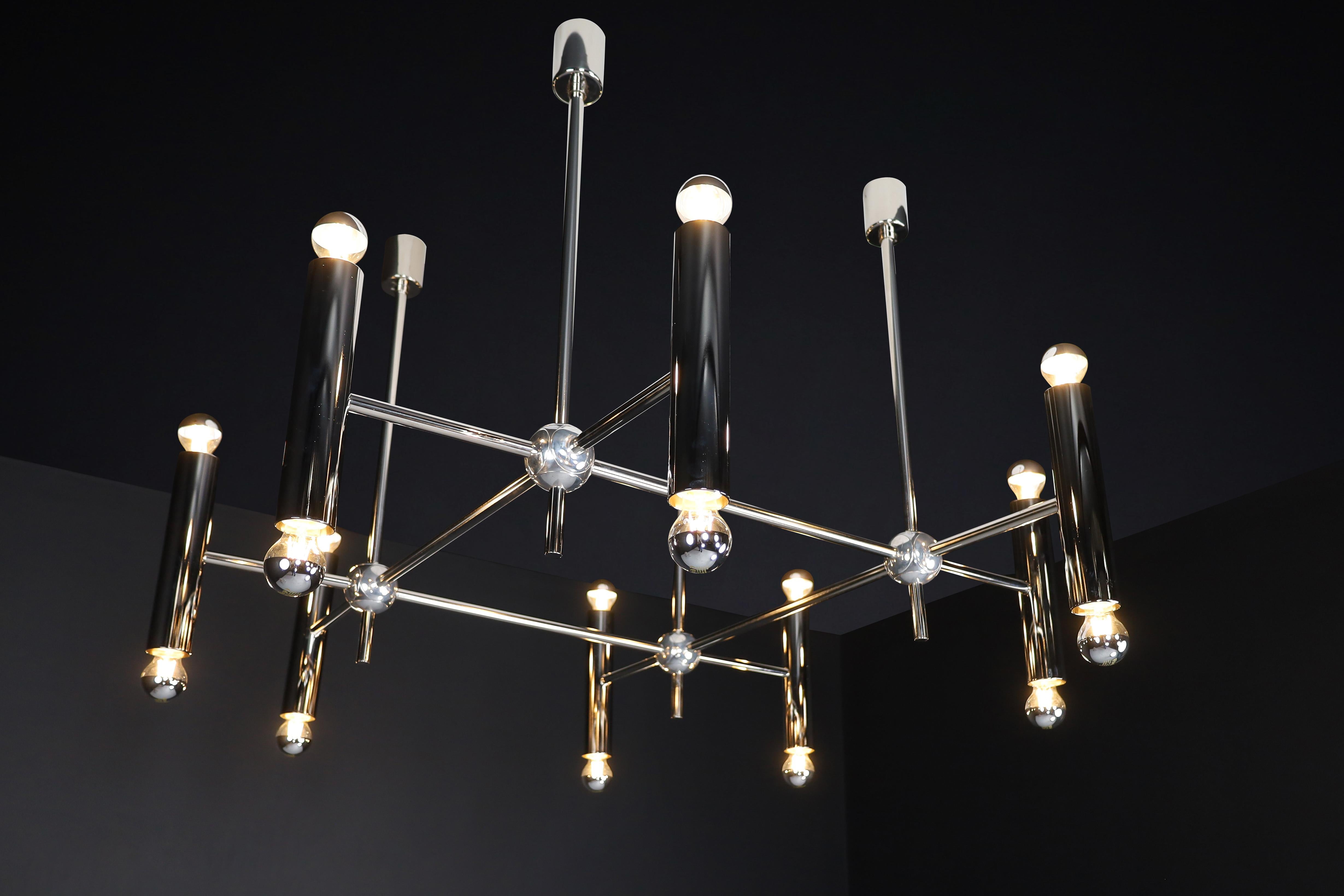 Mid-Century Modern Grande Chandelier in Polished Steel with 16 Lights, Germany, 1960s For Sale