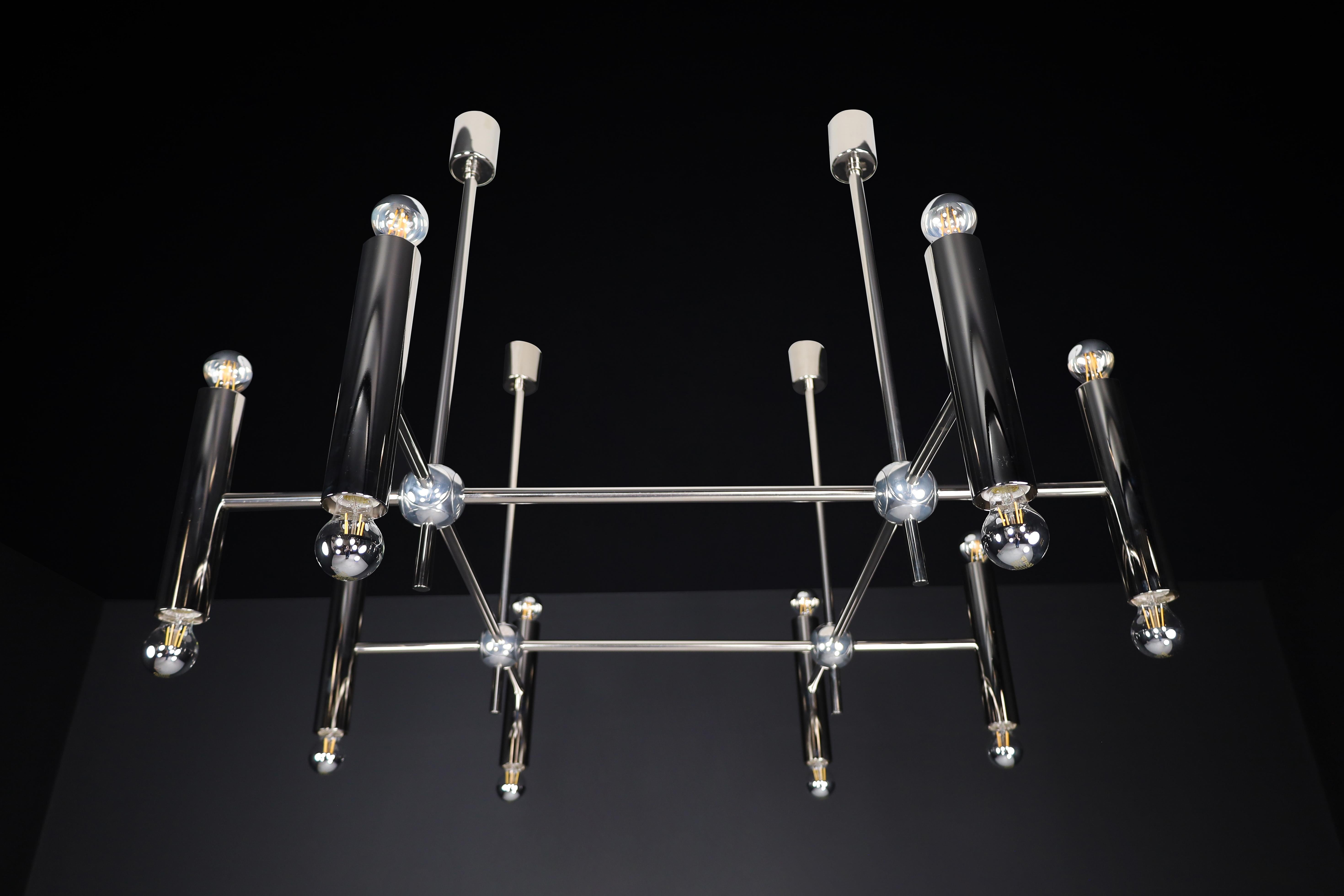 Aluminum Grande Chandelier in Polished Steel with 16 Lights, Germany, 1960s For Sale