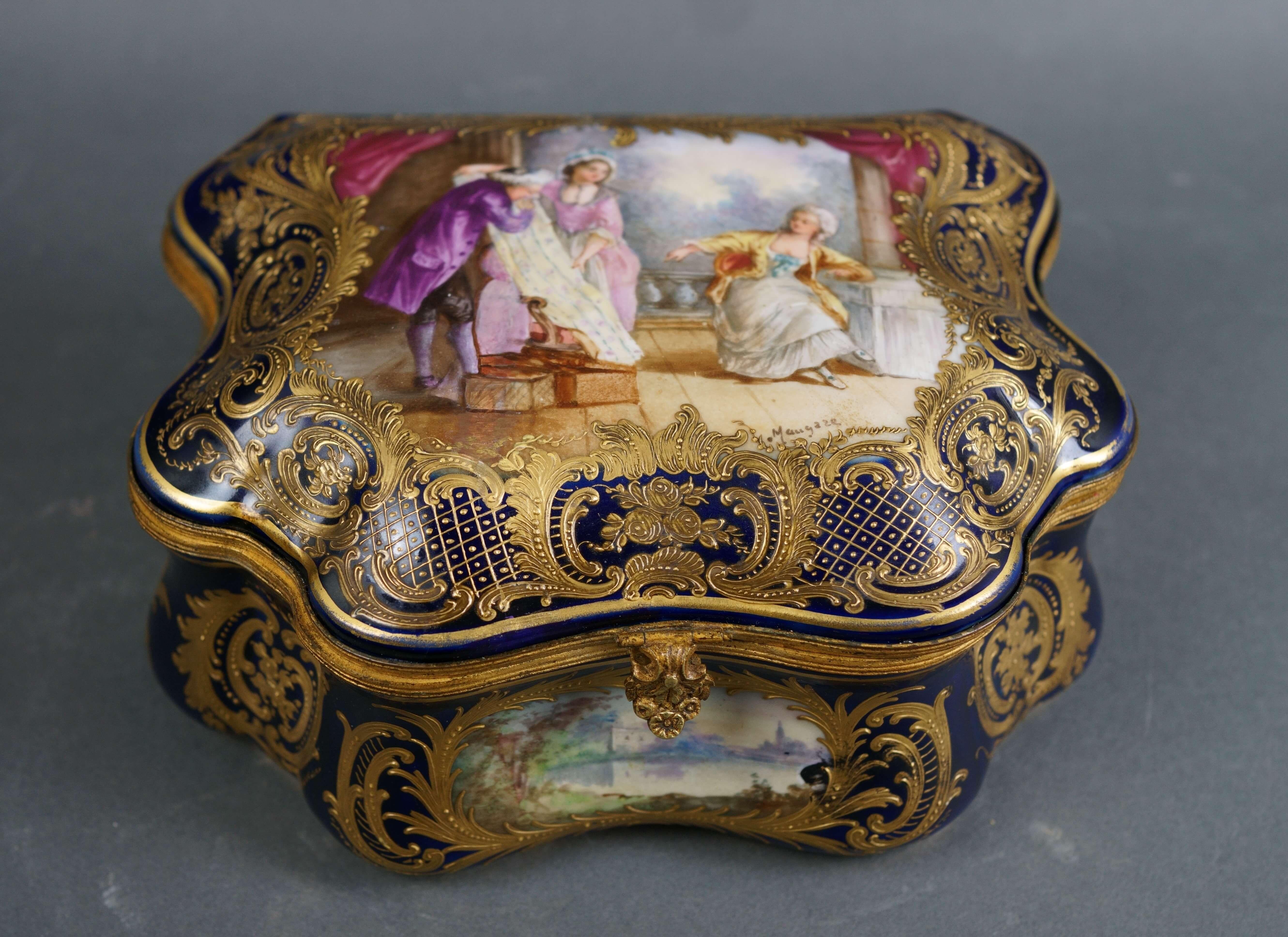 Large and magnificent Sèvres blue porcelain case with rich painted, glazed and gilded decoration.  Large miniature on the lid finely hand-painted with scene depicting a young lady intent on choosing the fabric of her future dress while the tailor