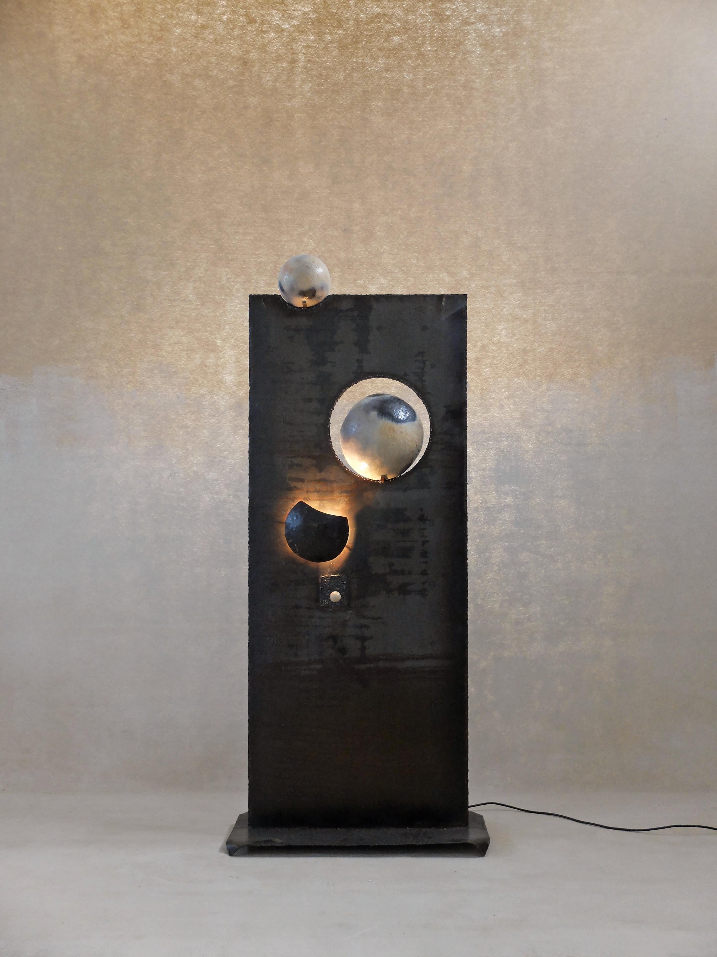 Grande Conjonction Light Sculpture by Altin
Designed and developed by Yasmine Sfar and Mehdi Kebaier.
Dimensions: D 70 x W 45 x H 170 cm
Materials: Metal, ceramic.

Light sculpture in clay and metal.

Orbit
A journey to a new dream world that we