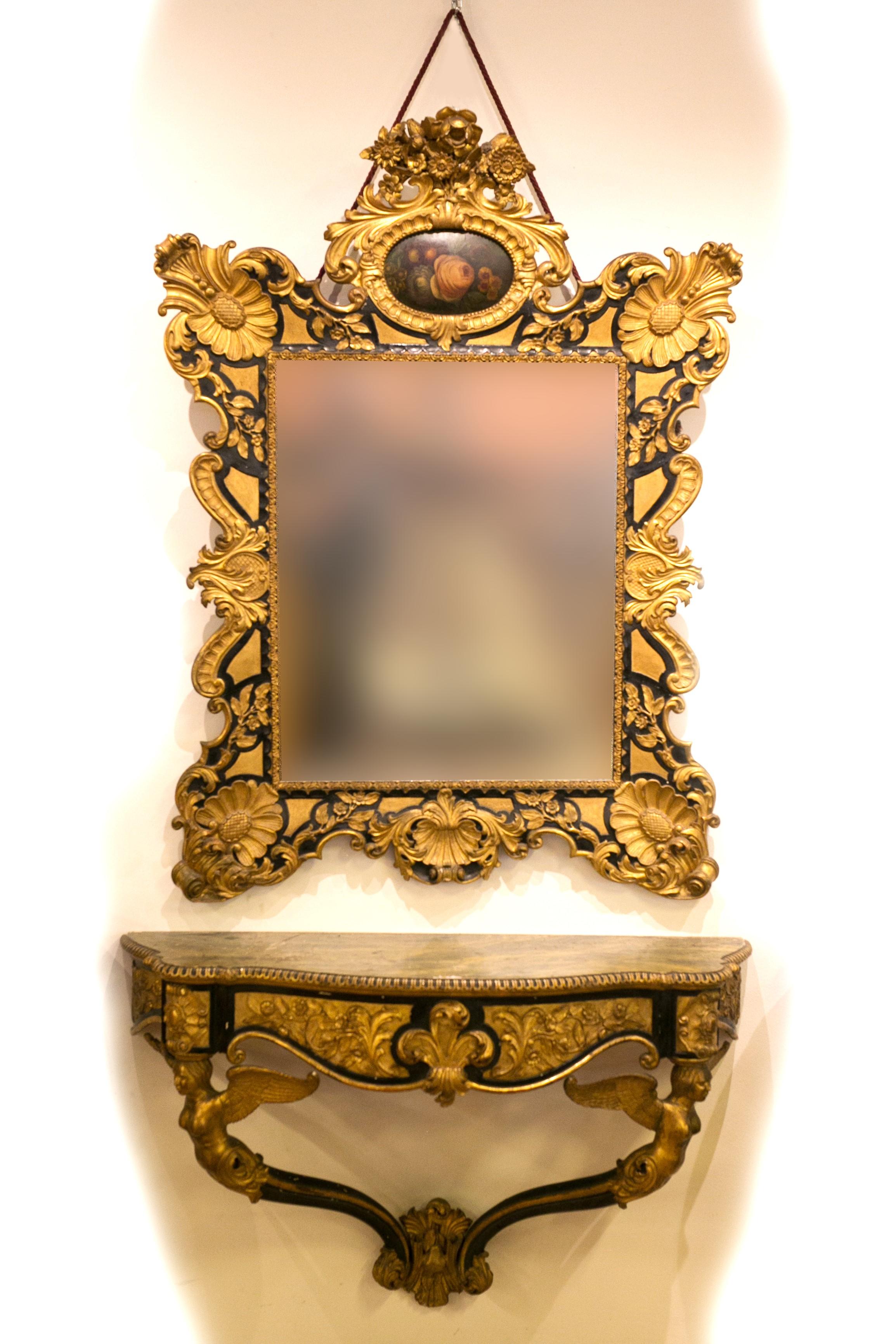 Large Console table with mirror from the 1800s carved gilded and lacquered For Sale 3
