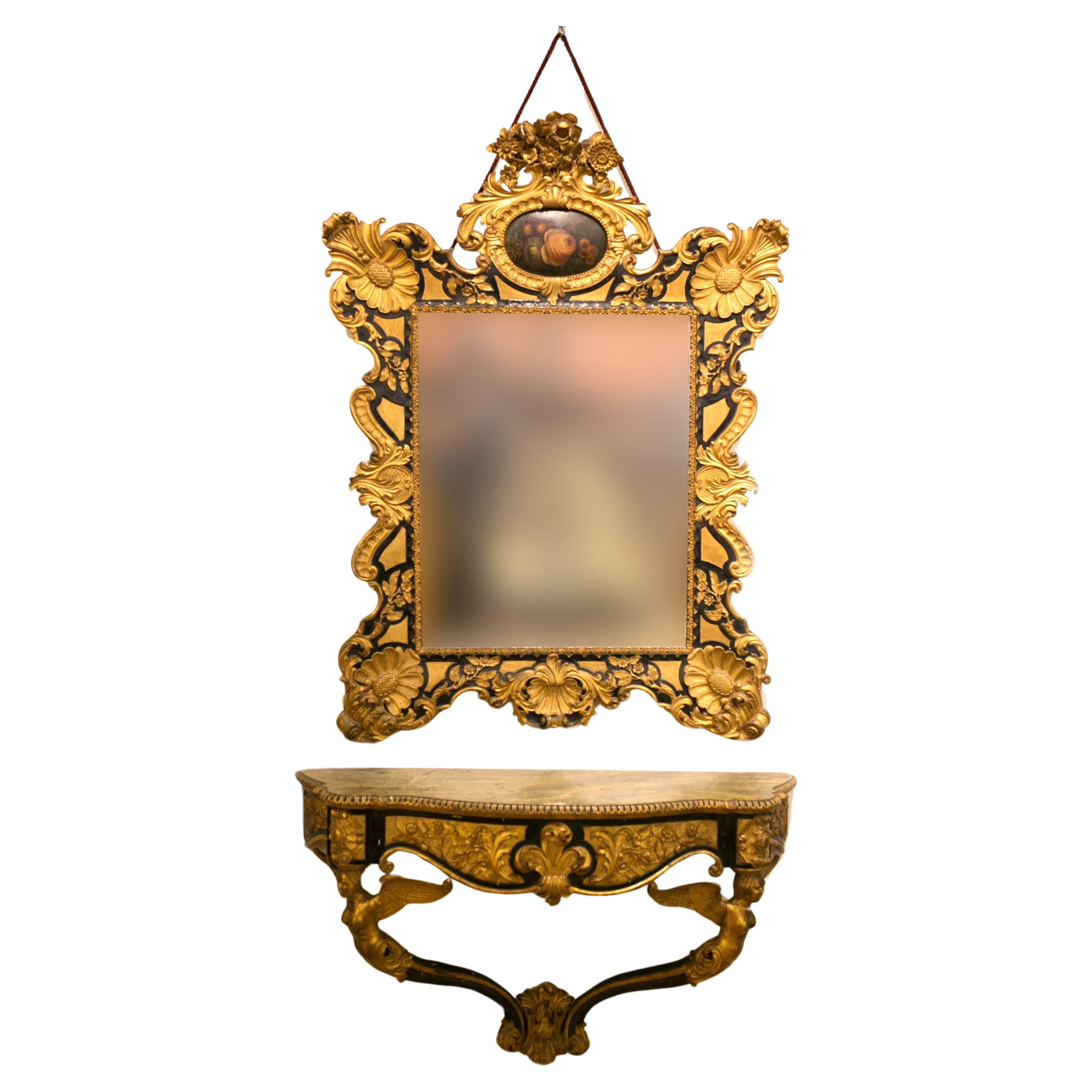 Grande table console avec miroir sculpté doré et laqué de 1800 en vente