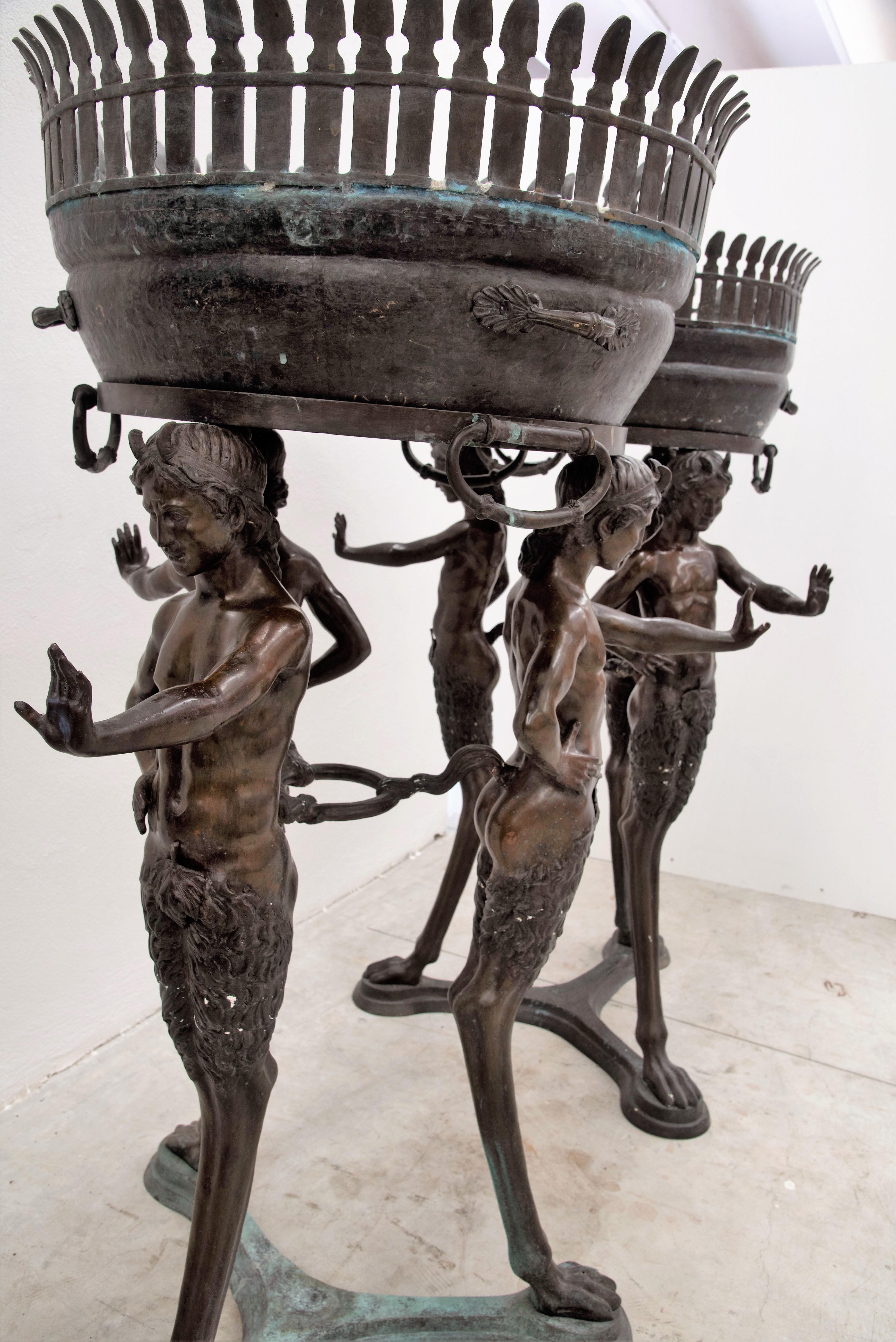 Other Large pair of bronze planters - Fauns tripod XIX For Sale