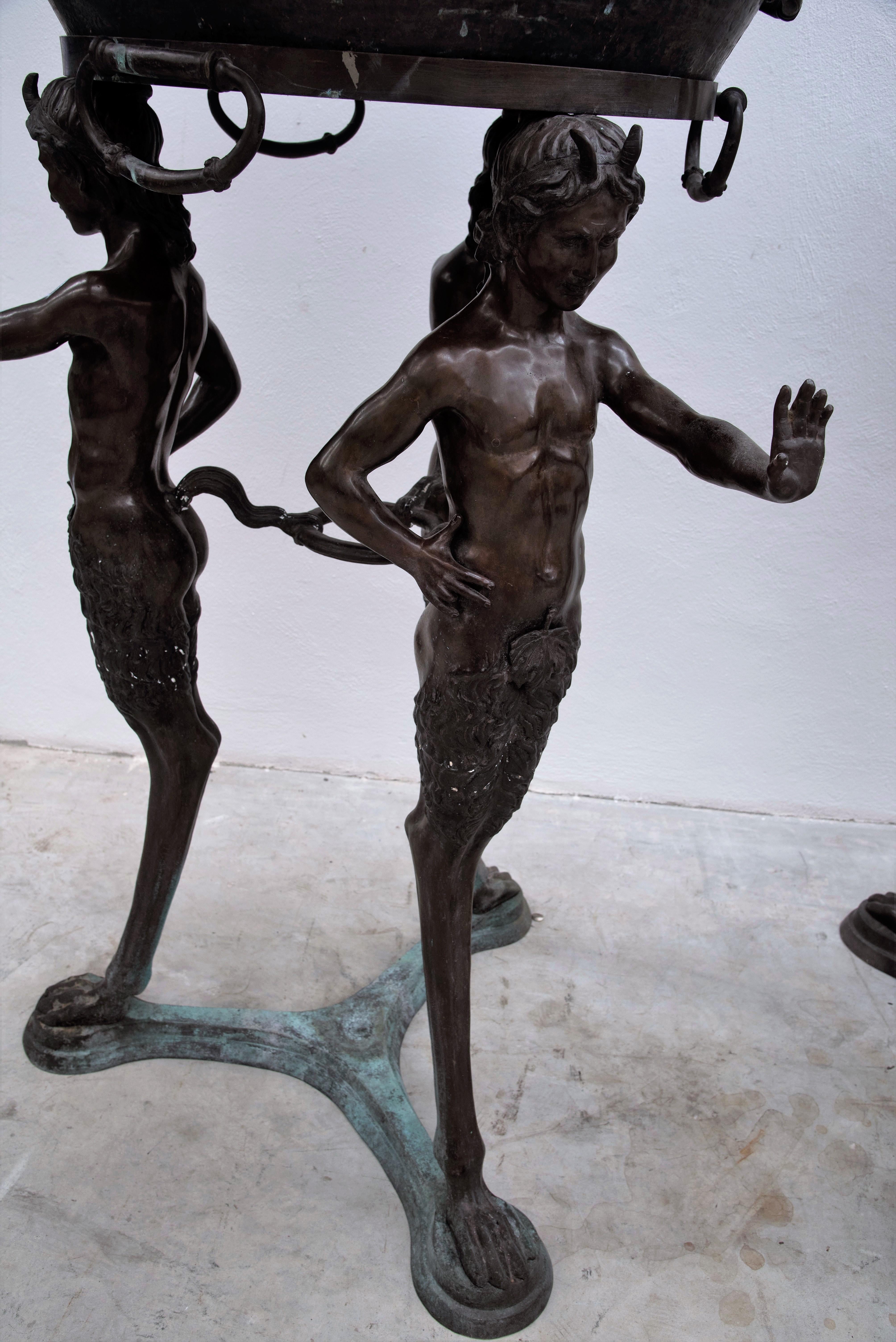 Italian Large pair of bronze planters - Fauns tripod XIX For Sale