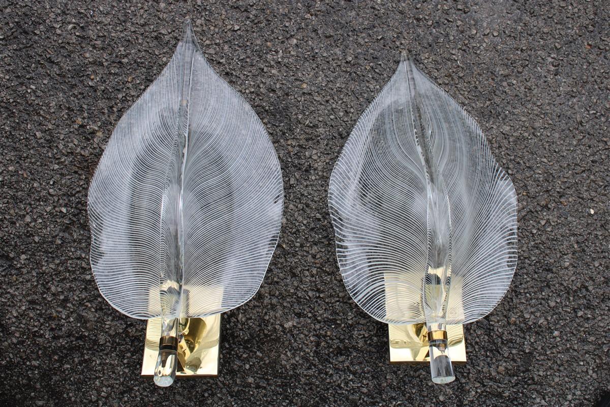 Elegant pair of Large Murano Glass Leaf Applique and brass frame.