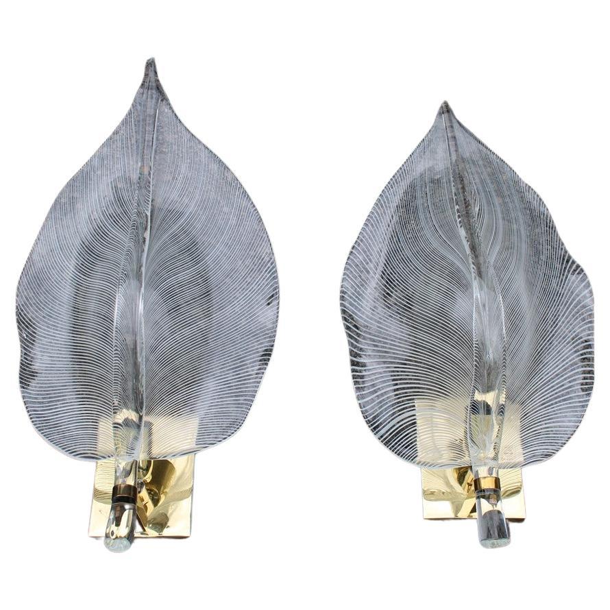 Large Pair of Franco Luce Wall Lamps Murano Glass and Brass 1970s  For Sale