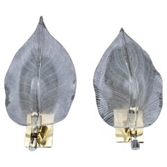 Large Pair of Franco Luce Wall Lamps Murano Glass and Brass 1970s