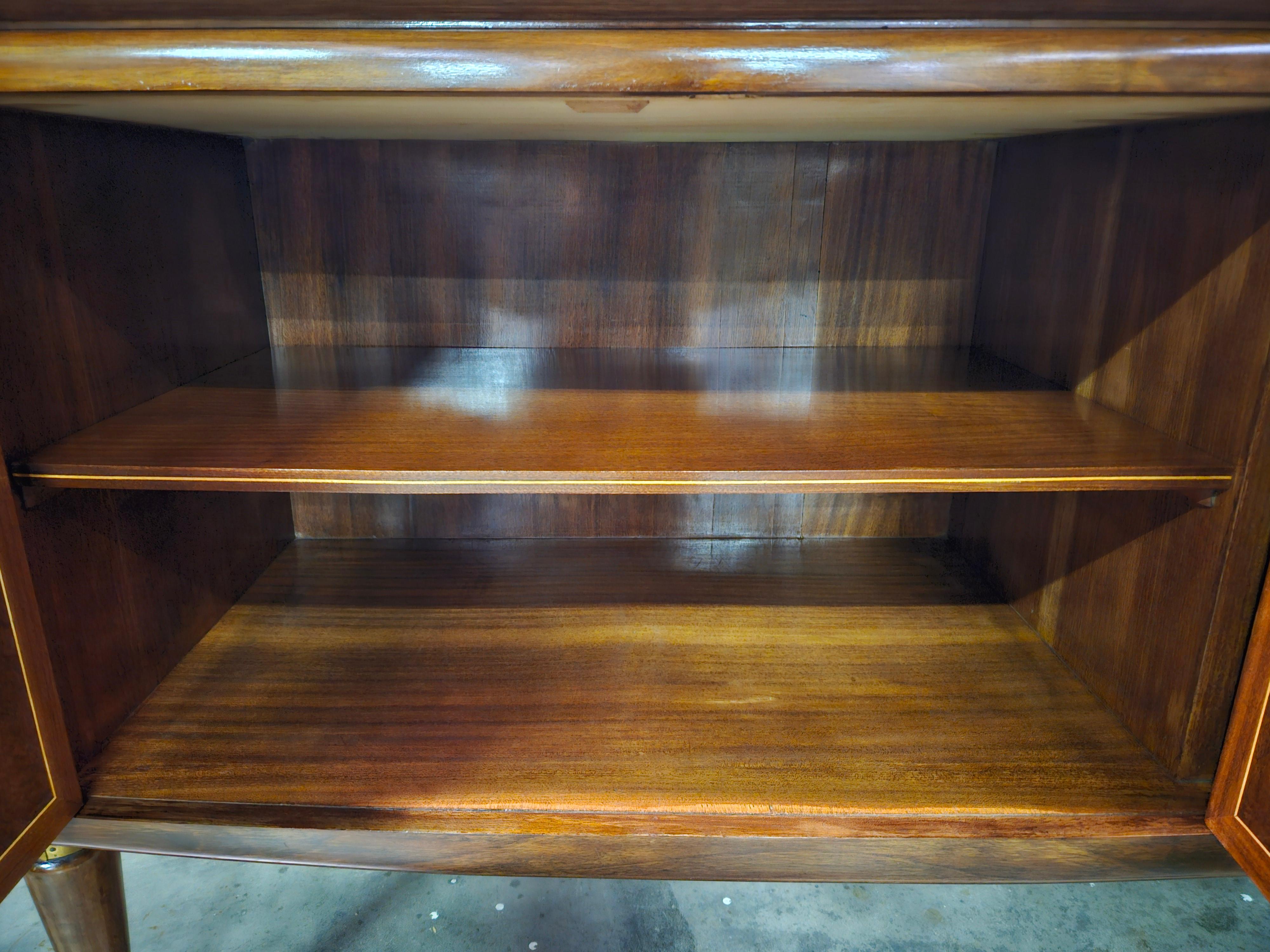 Large 1940s walnut sideboard with maple inlays and glass top For Sale 6